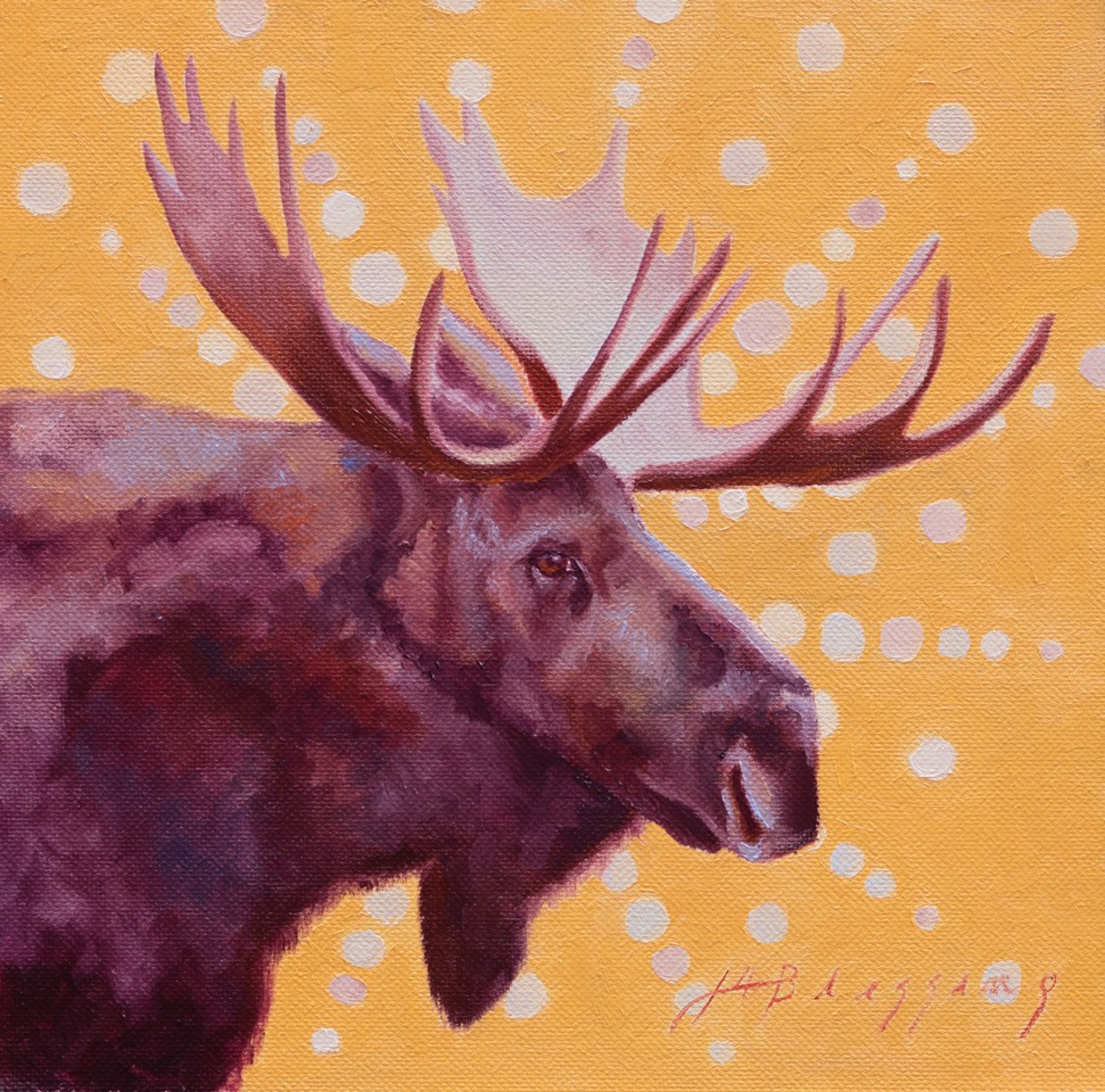 Oil Painting Of a Bull Moose Portrait Featuring A Contemporary Yellow And White Patterned Background , By Meagan Blessing, Available At Gallery Wild