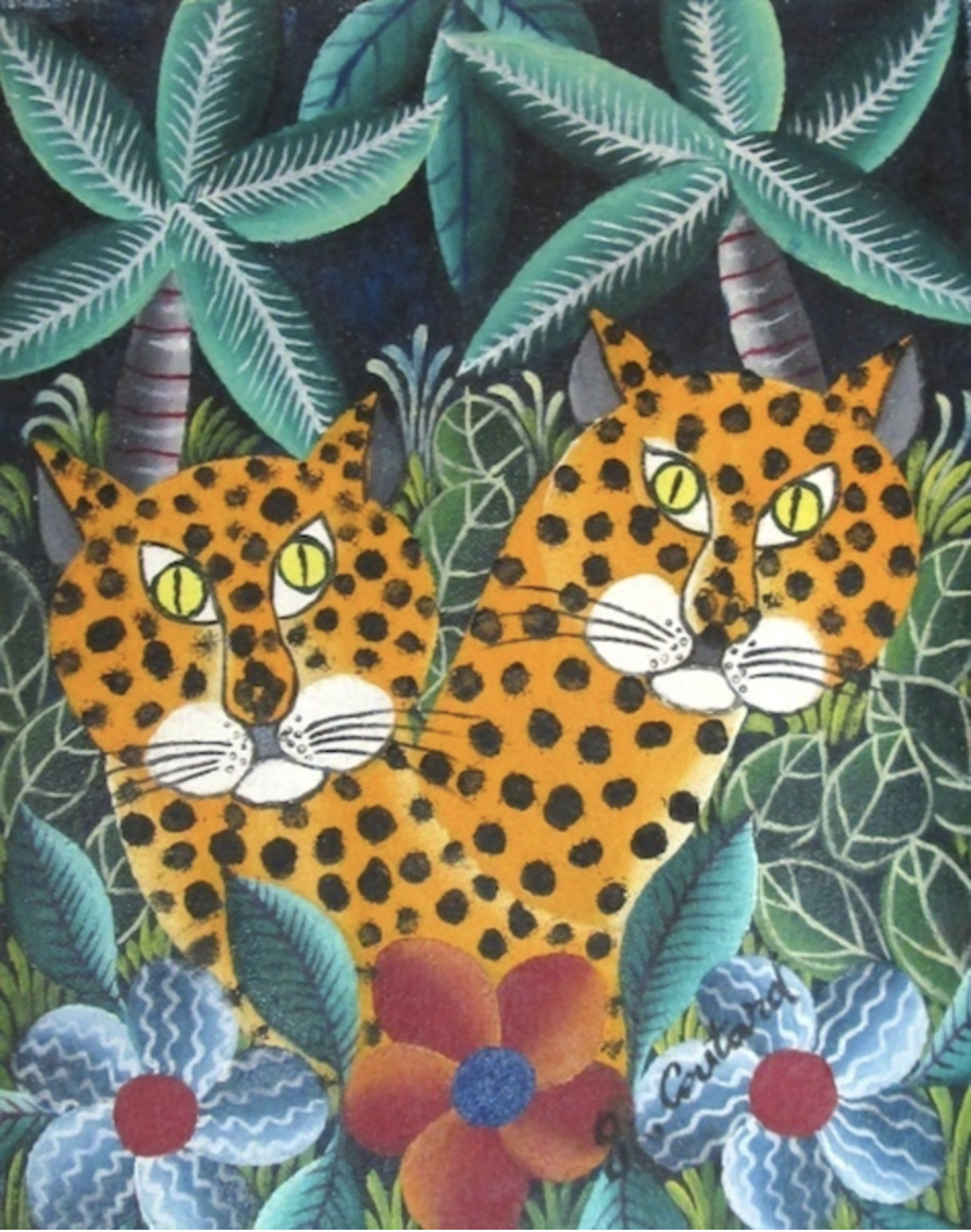 Two Leopards #J6-HA by Gabriel Coutard (Haitian, b. 1965)