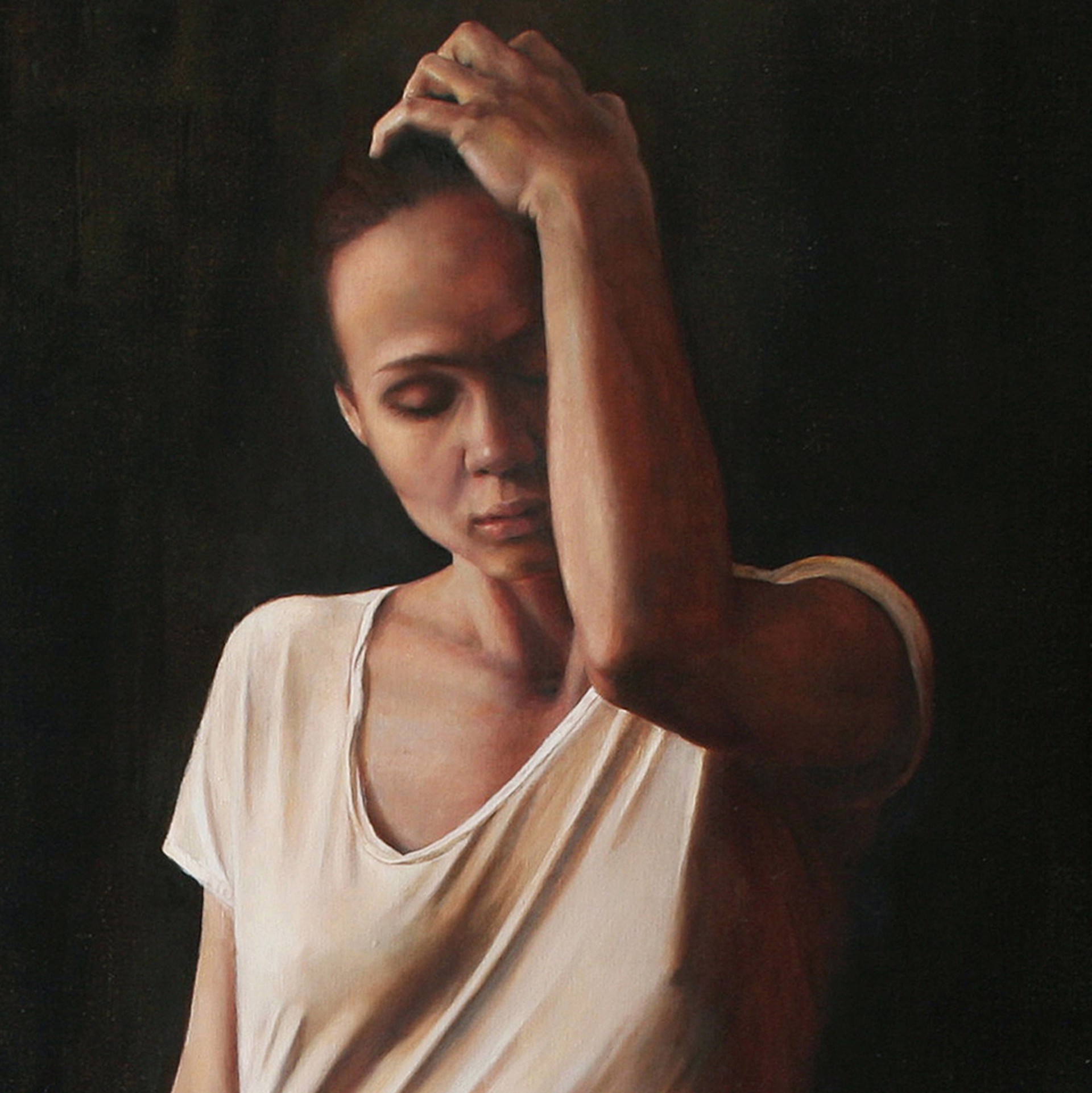 Expressive figurative oil painting "Falling to Pieces" by Victoria Novak, depicting a young woman in a white dress with her arm raised, against a dark, abstract background with dripping paint.