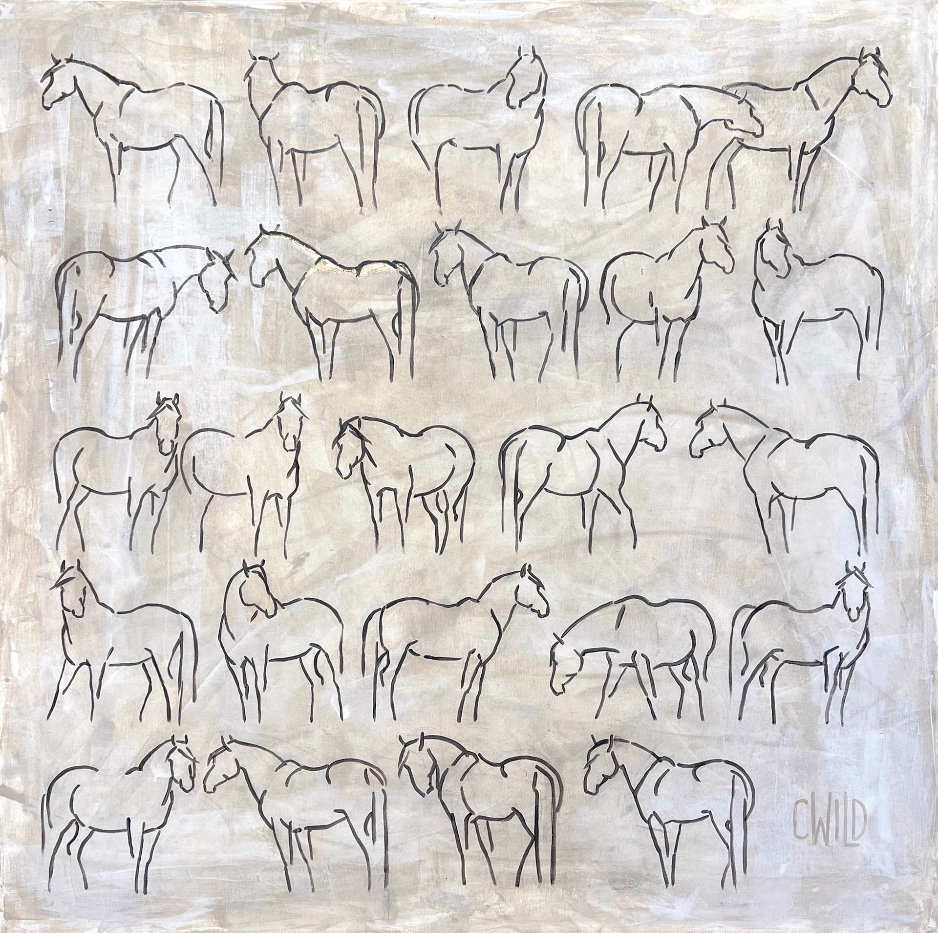 Original Acrylic Painting By Carrie Wild Featuring Twenty Four Horses Sketched In Black Outlines Over Abstract Neutral Background
