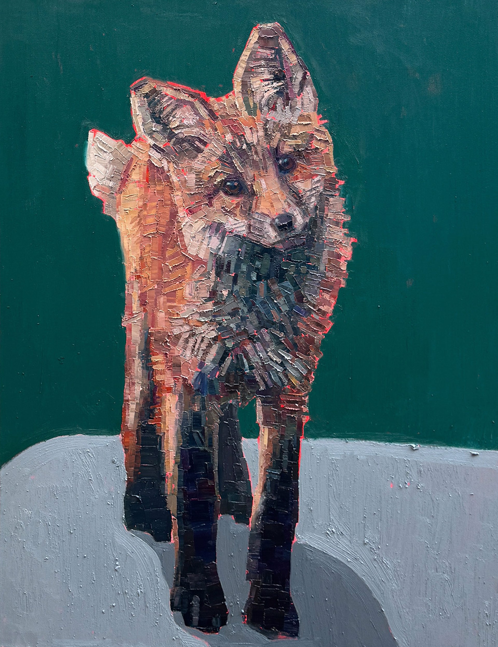 Original Oil Painting By Aaron Hazel Featuring A Baby Fox On Green Background