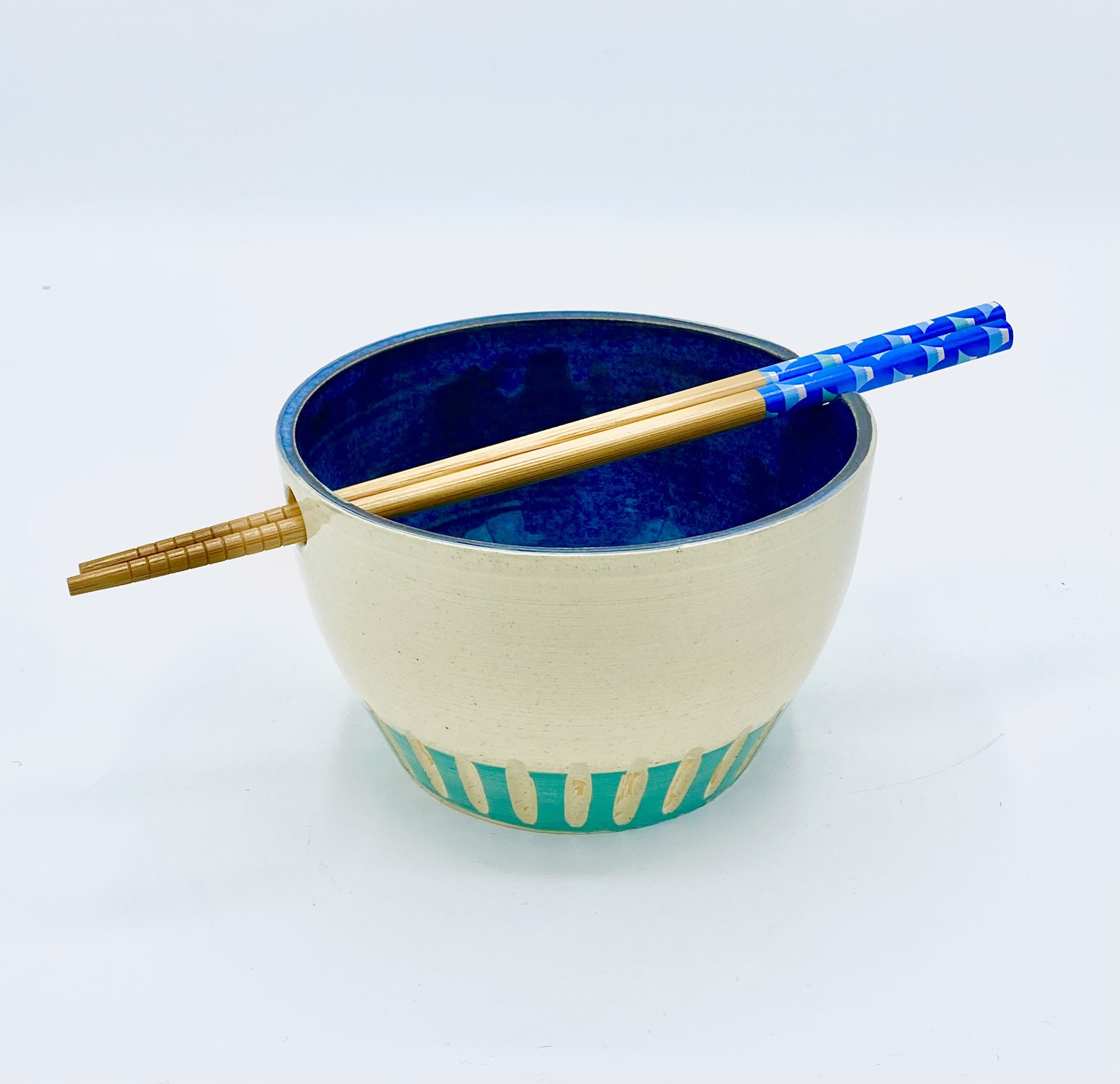 Medium Cream and Denim Noodle Bowl by Messy Pots Pottery