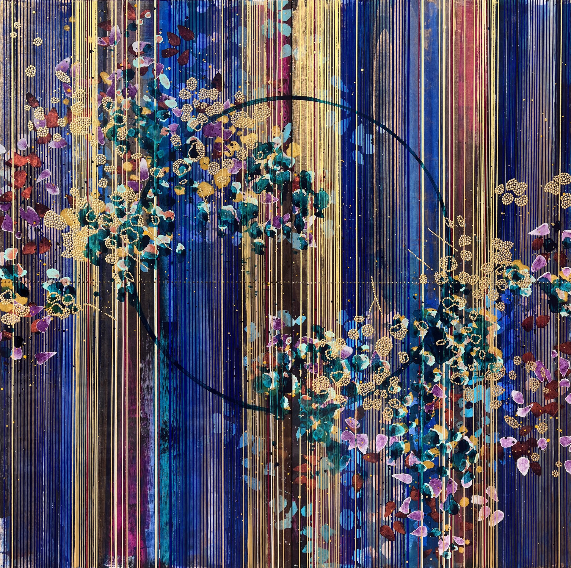 Original Mixed Media Painting In Blues And Purples With Vertical Striping Pattern, Central Circular Orientation, Flower Petal Motifs And Gold Details