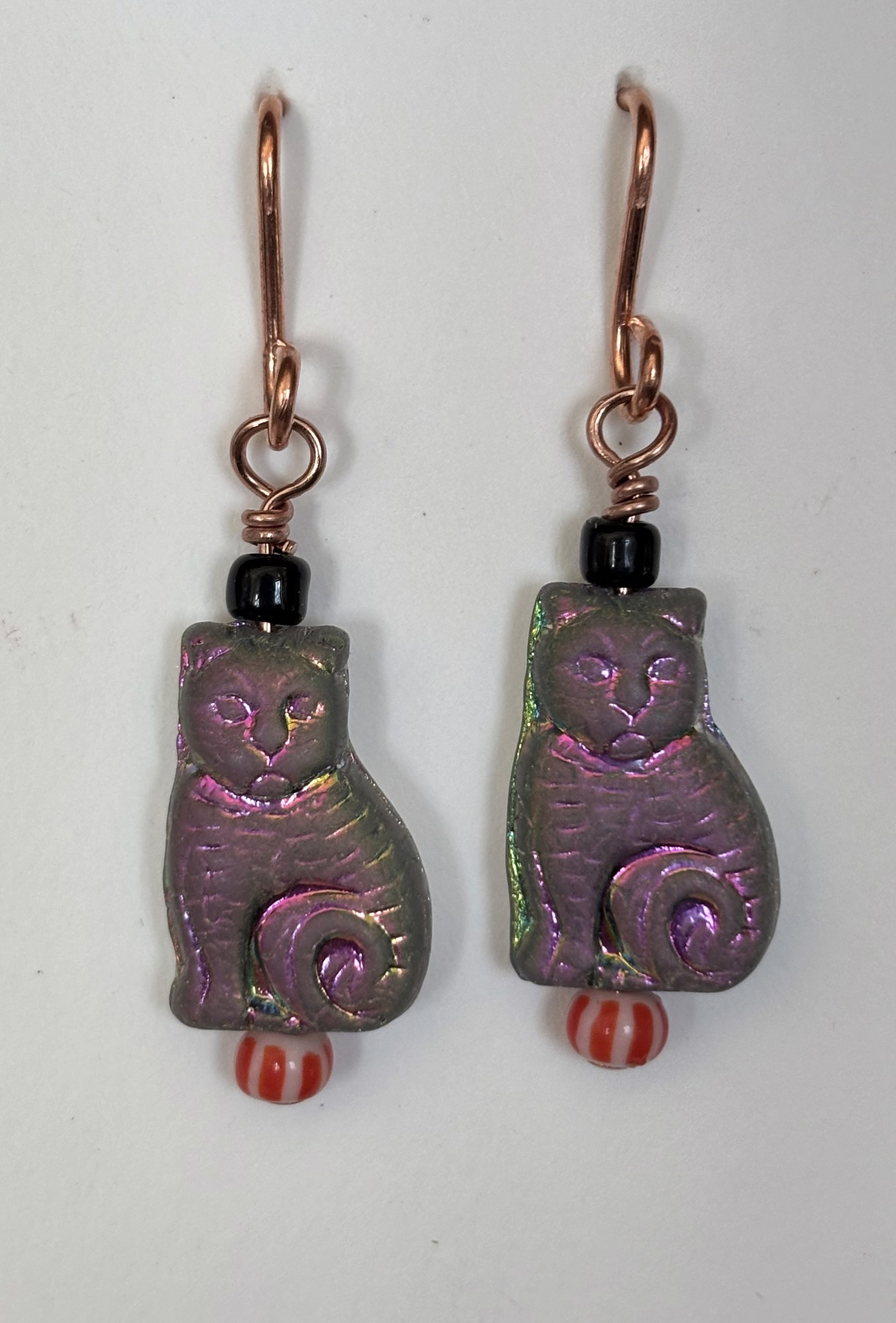 Gold Cats, Copper and Bead Earrings by Emelie Hebert