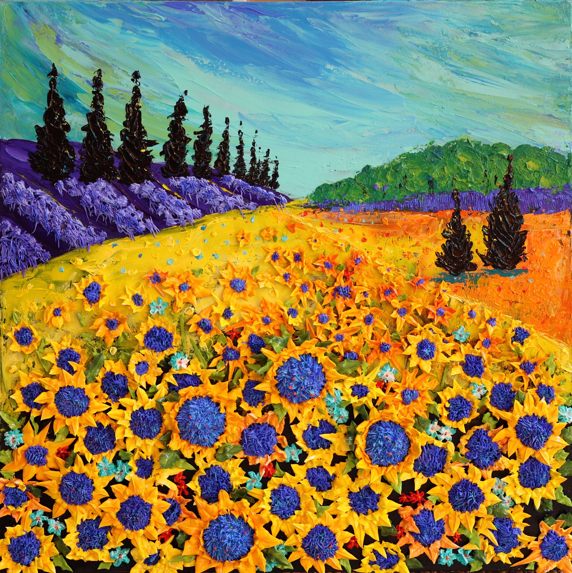 Sunflowers and Lavender Rows by Judith Dunbar