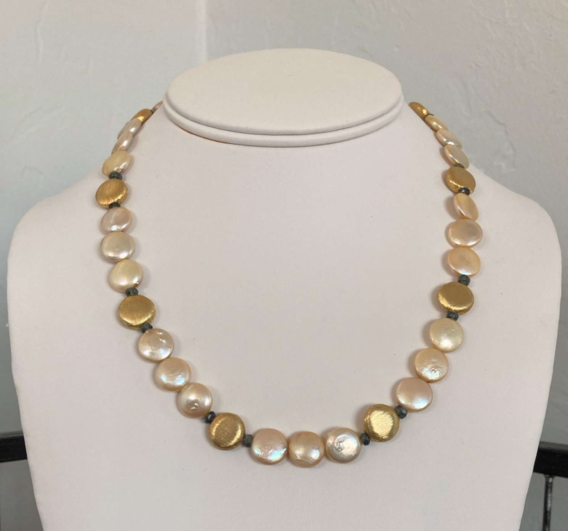 Necklace - Coin Pearls with Green Sapphires and Vermeil by Bonnie Jaus