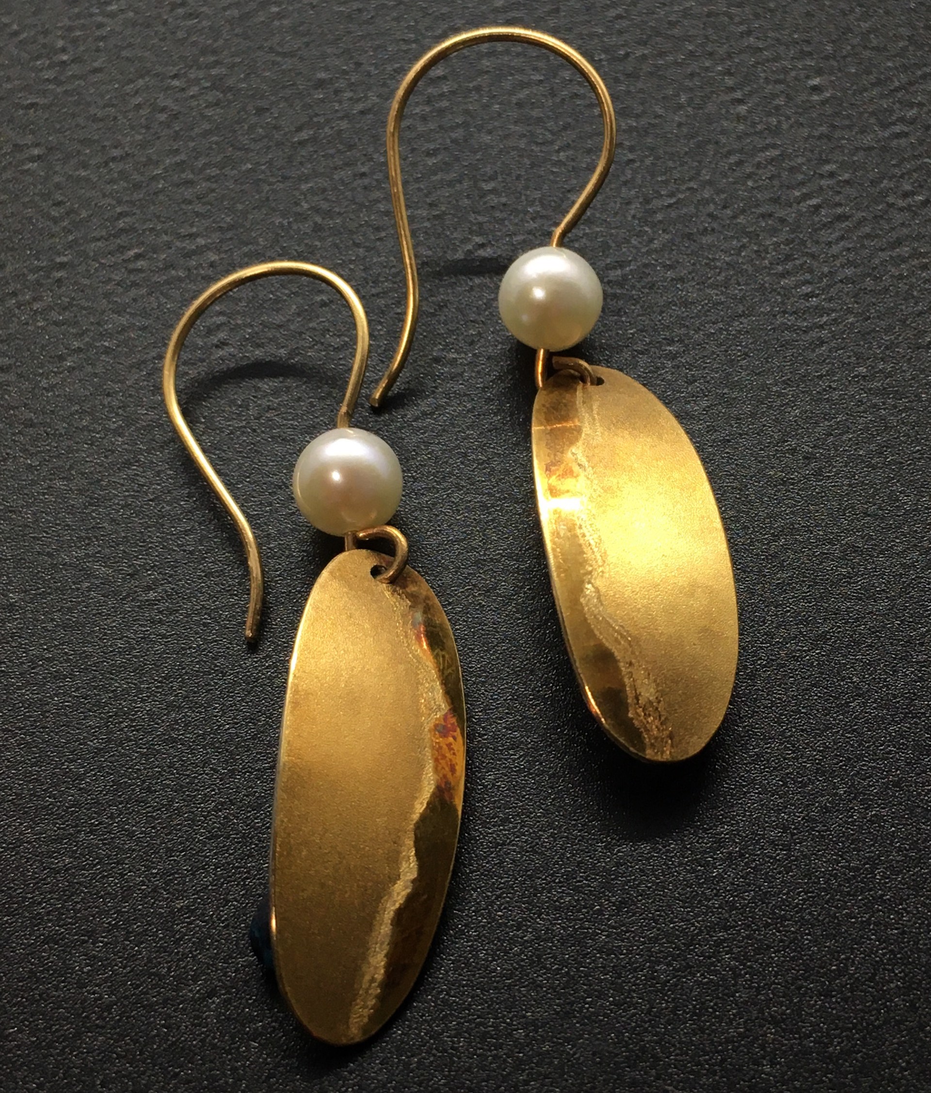 Ellipse  Earrings ~ 22k Gold 6mm White Pearl by Celest Michelotti