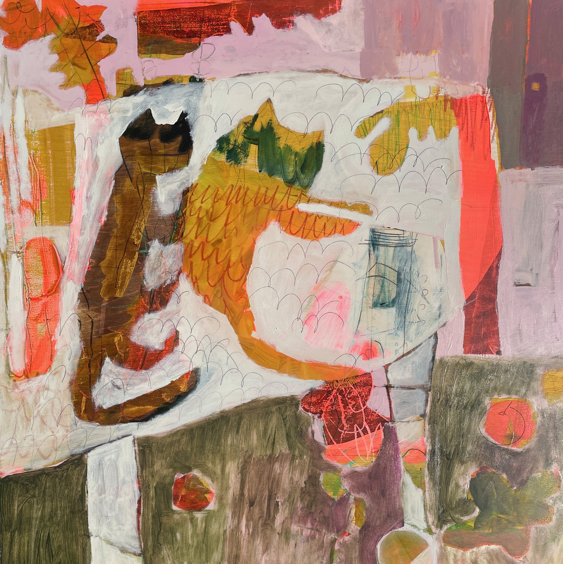 Two Cats Sleeping on White Oval Table (diptych) by Rachael Van Dyke