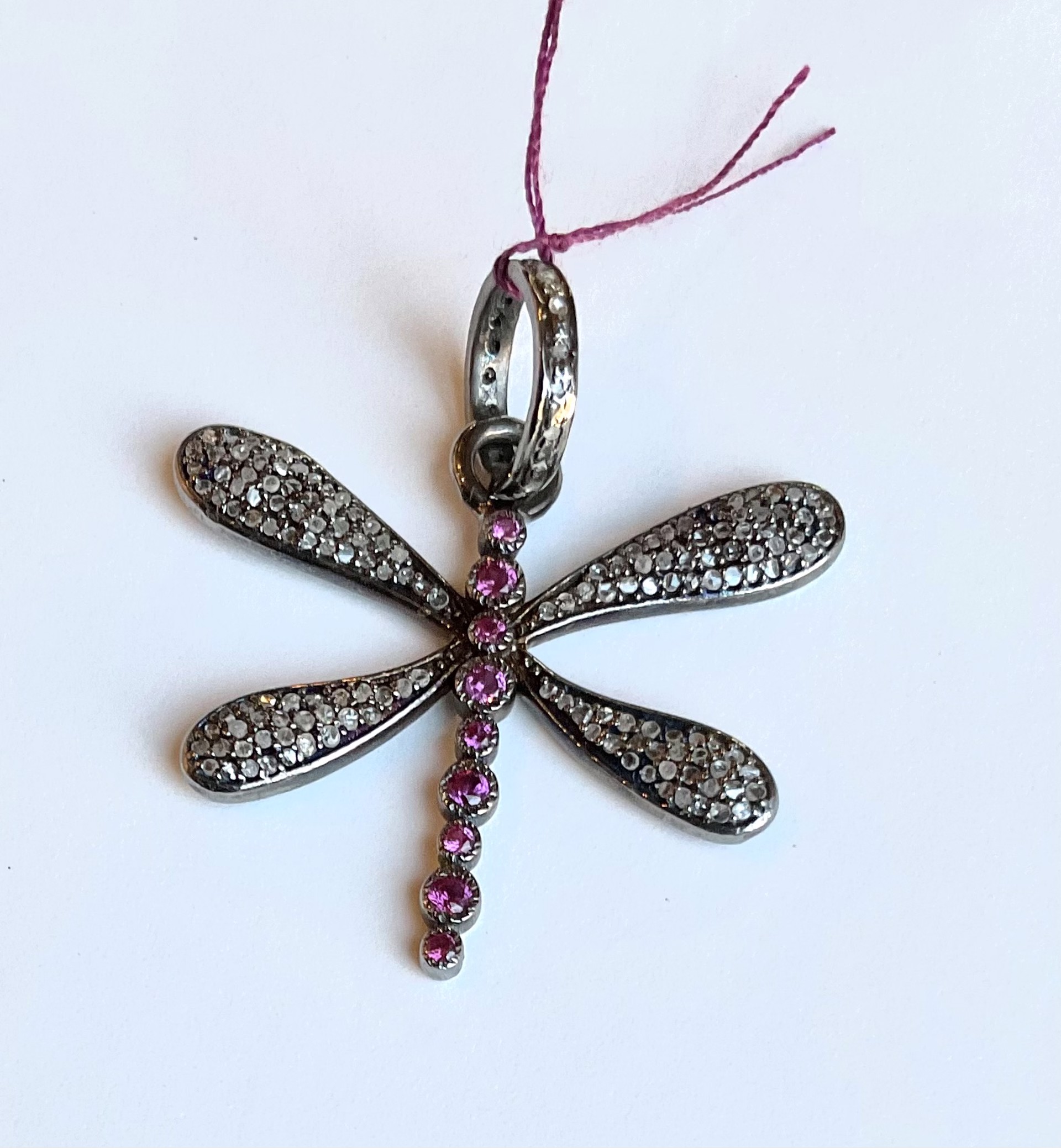 KBP31 Ox SS & Ruby Dragonfly Pendant with Pave Diamonds by Karen Birchmier