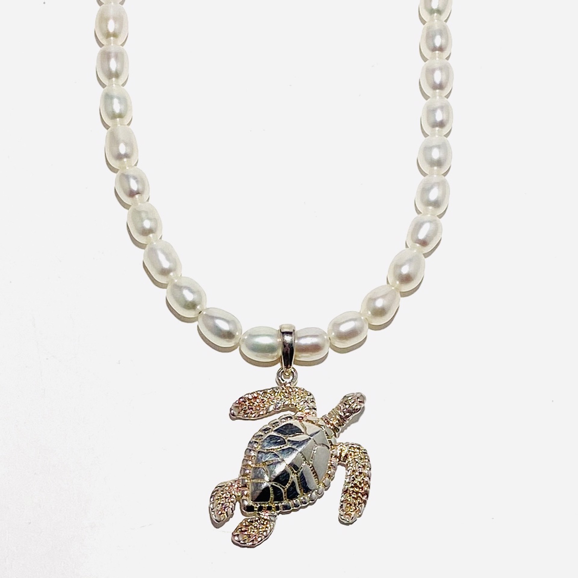 White Pearl Strand Sterling Turtle Pendant Necklace by Nance Trueworthy