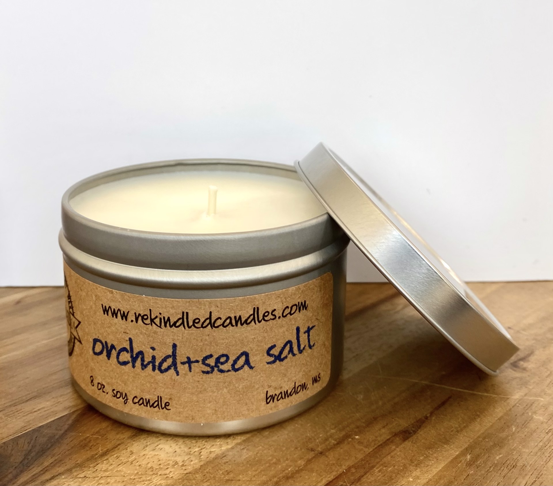 Orchid Sea Salt Candle Tin by re-kindled candle company