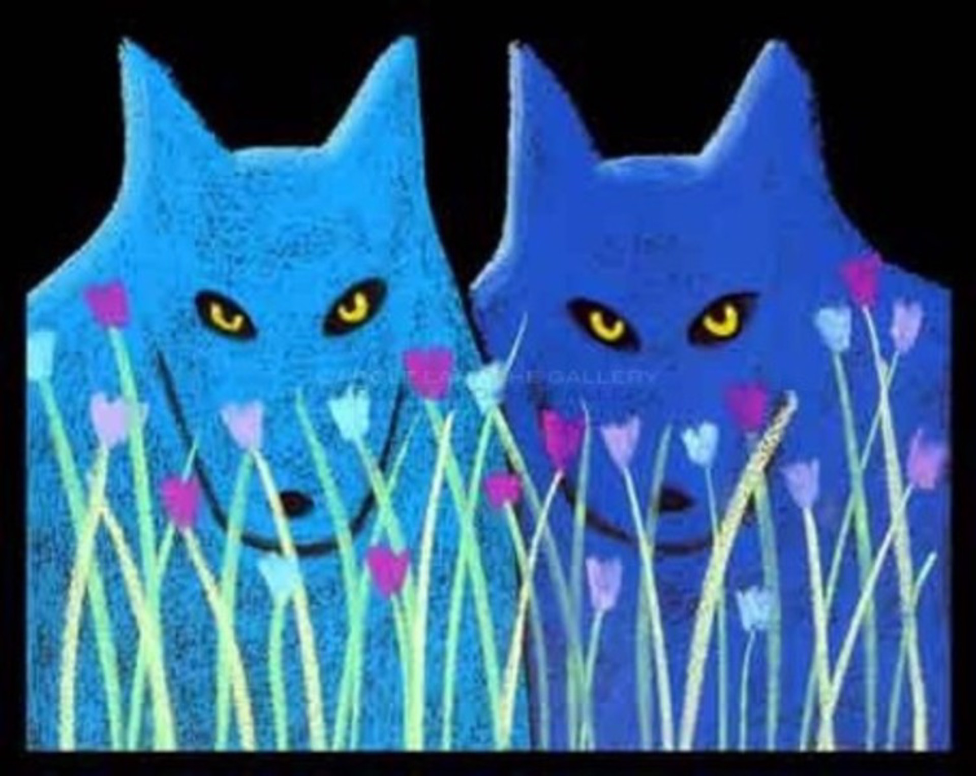 Two Blue Wolves with Flowers by Carole LaRoche