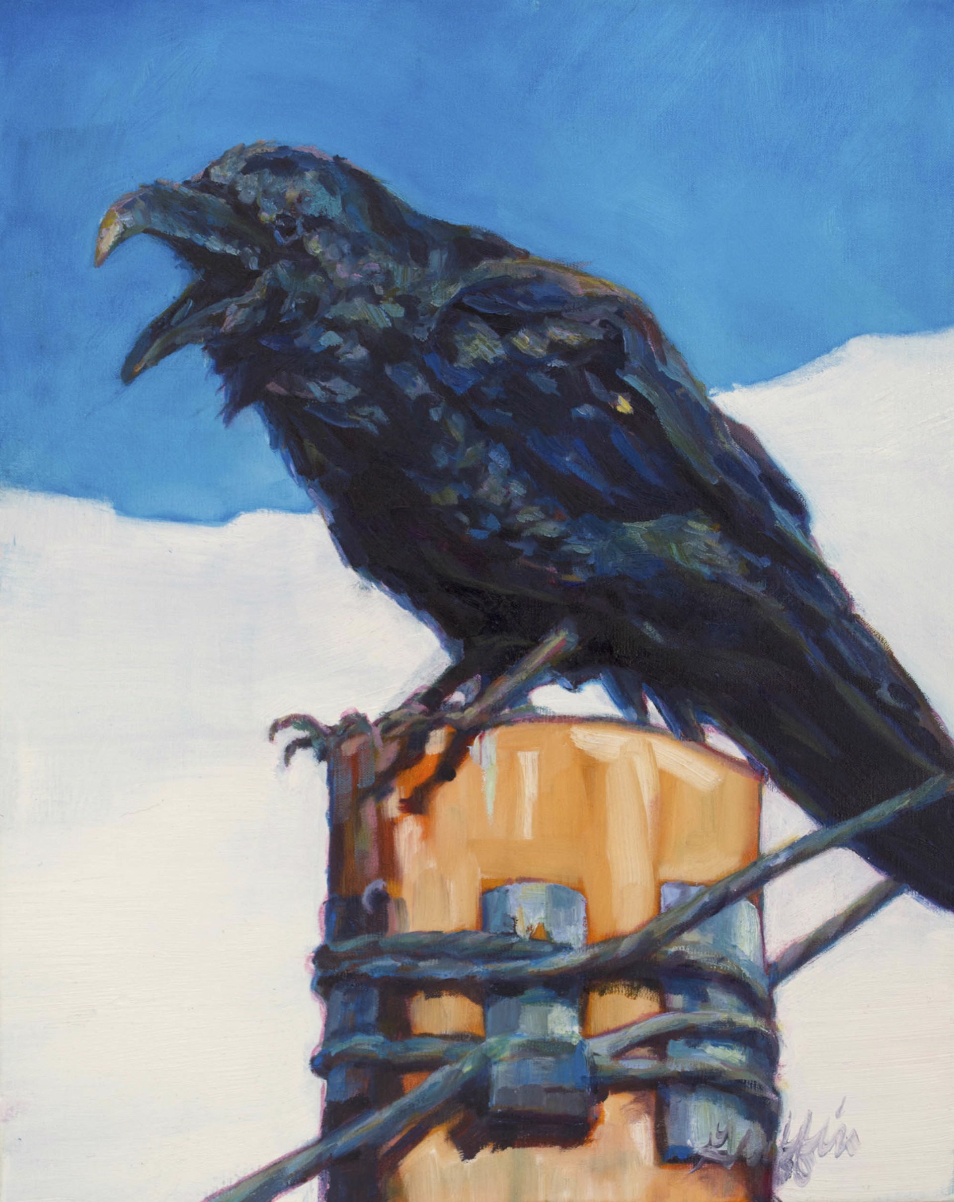 Original Oil Painting Featuring A Raven Seated On A Pole In Front Of Blue Sky With White Cloud