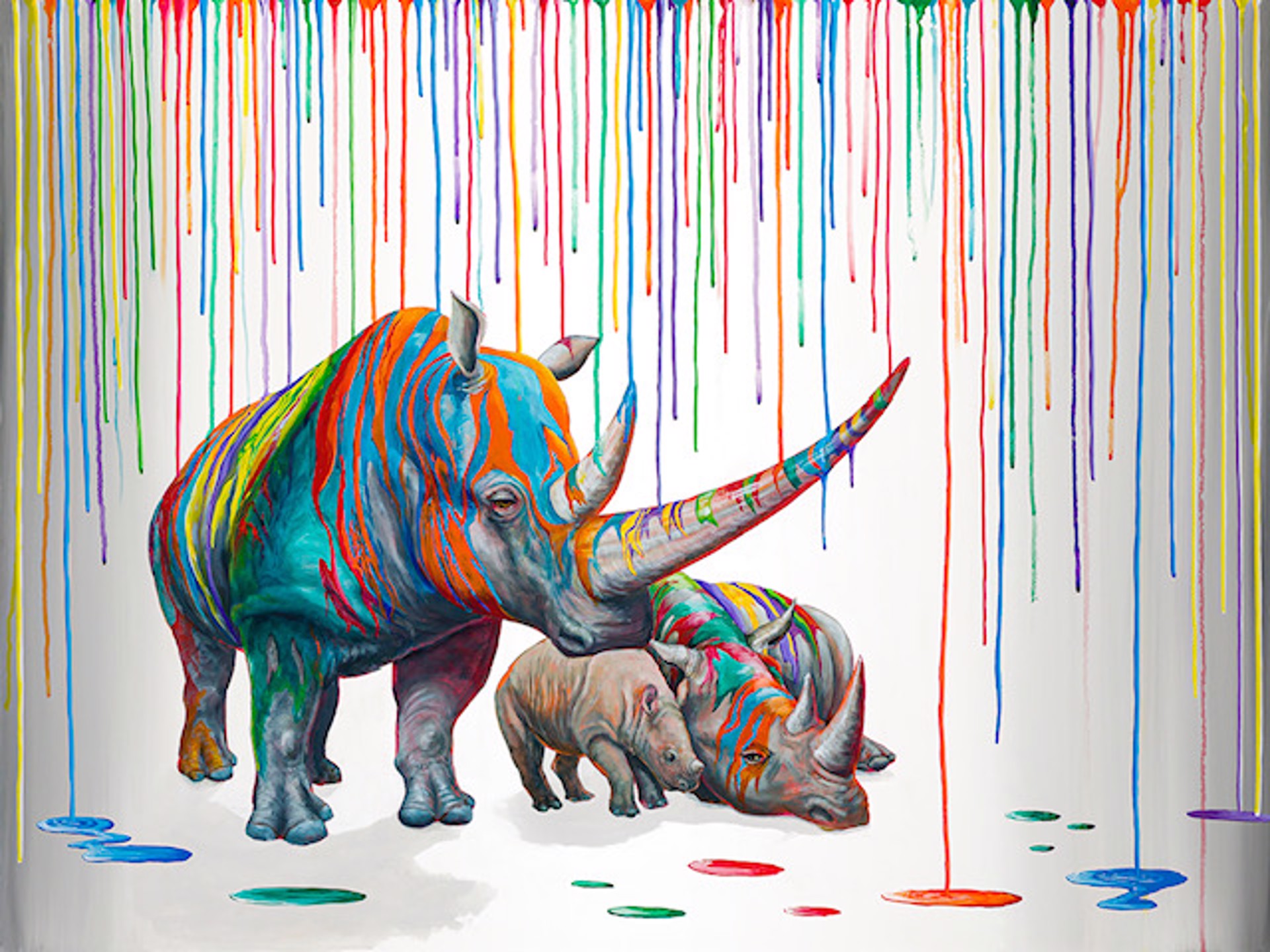 Rainbow Rhino Family by Michael Summers
