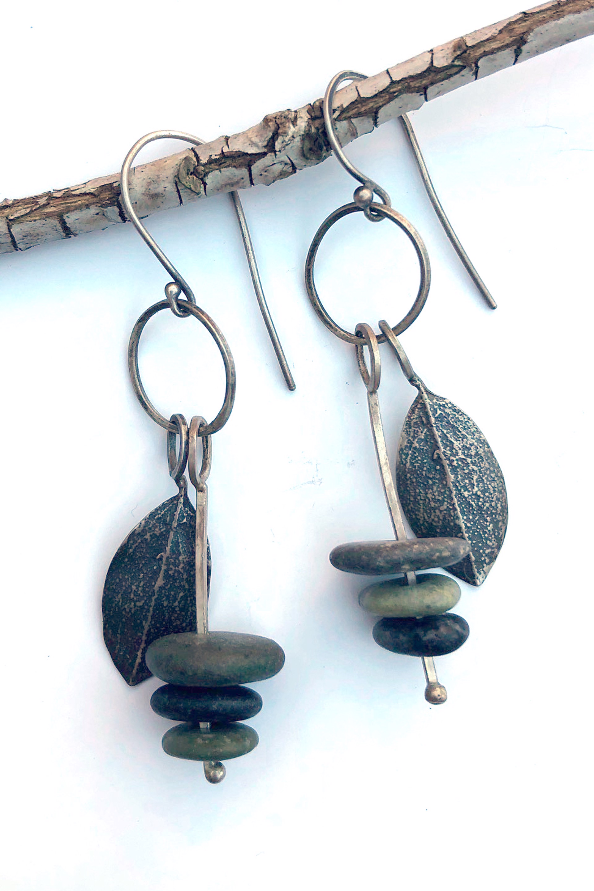 Three Stones w/ Leaves on Ring Earrings by April Ottey