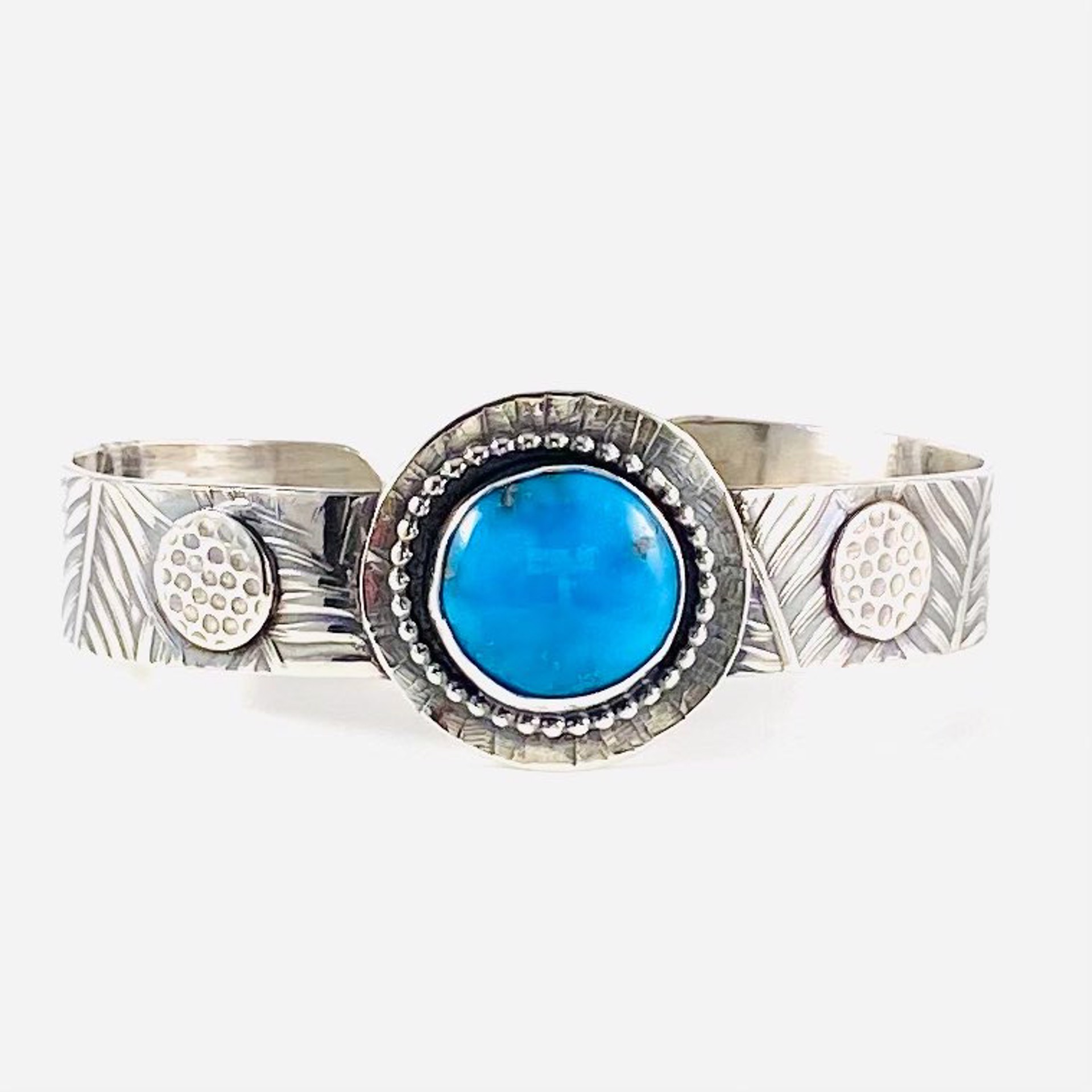 Round Bandit's Mine Turquoise on 1" center disc, bead accent and rolled leaf design Silver Cuff Bracelet AB22-73 by Anne Bivens