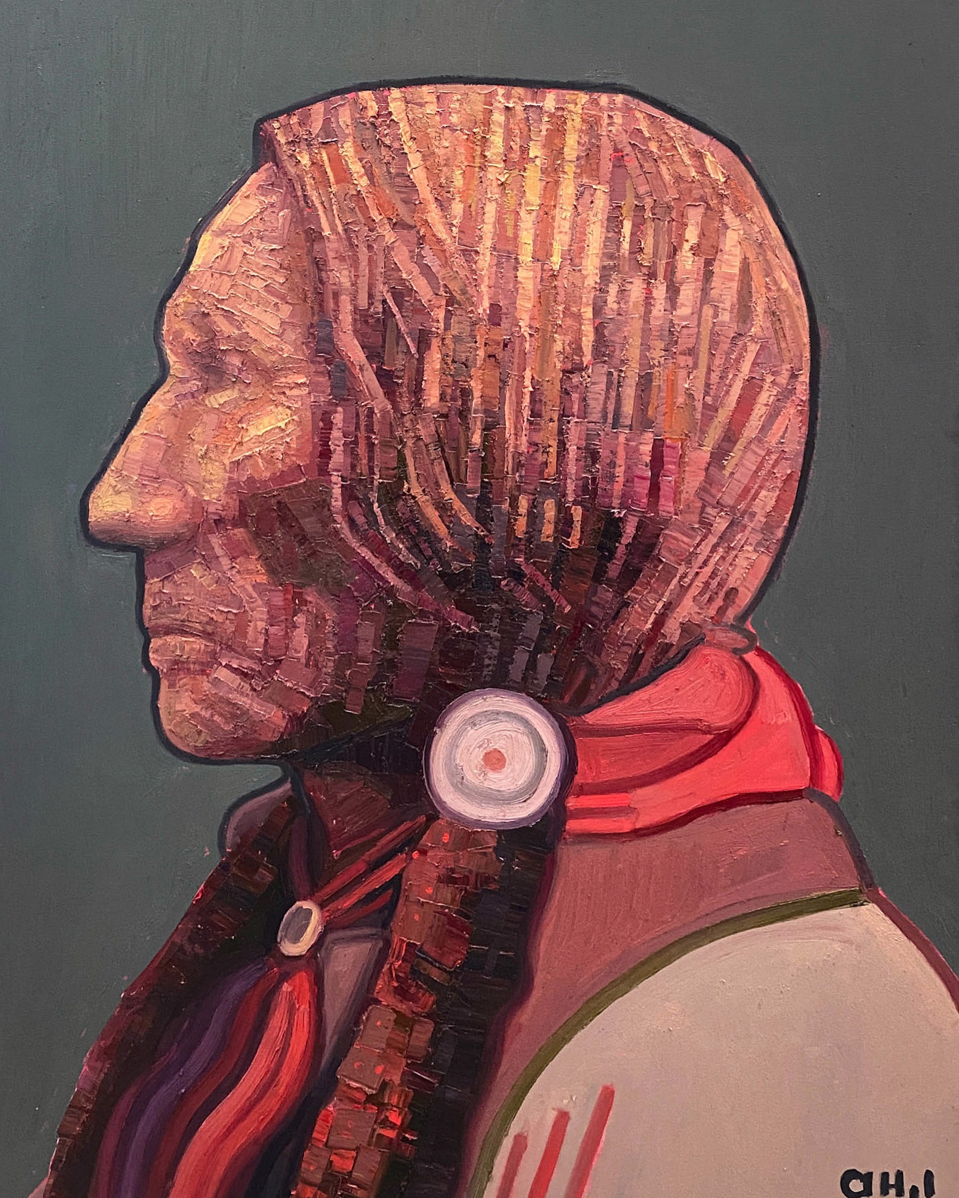 Original Oil Painting Featuring A Profile Portrait Of Native American In Palette Knife Brushstrokes