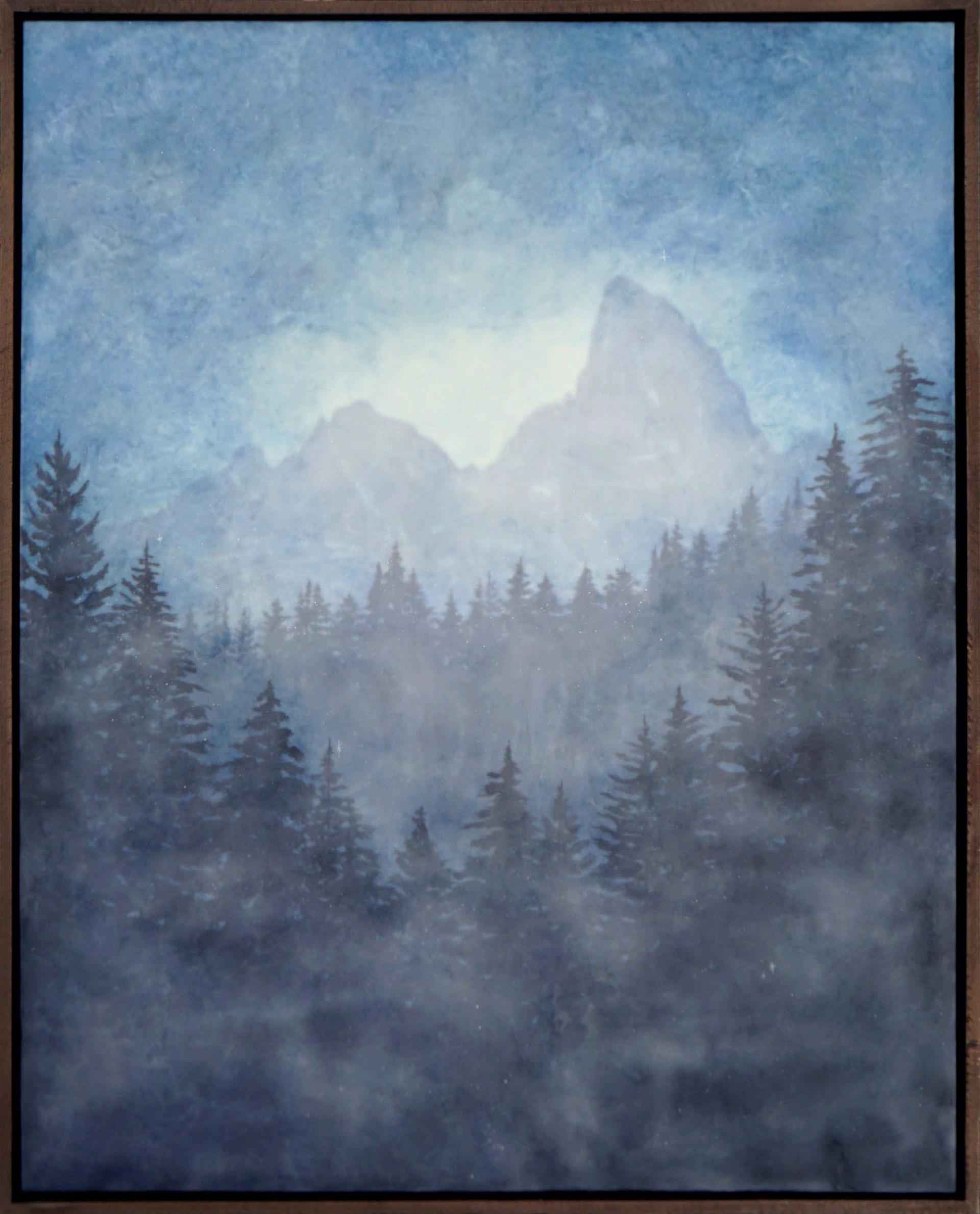 Original Encaustic Landscape Painting Featuring A Mountain Peak Seen Through Blue Hazy Clouds And Dark Pine Trees