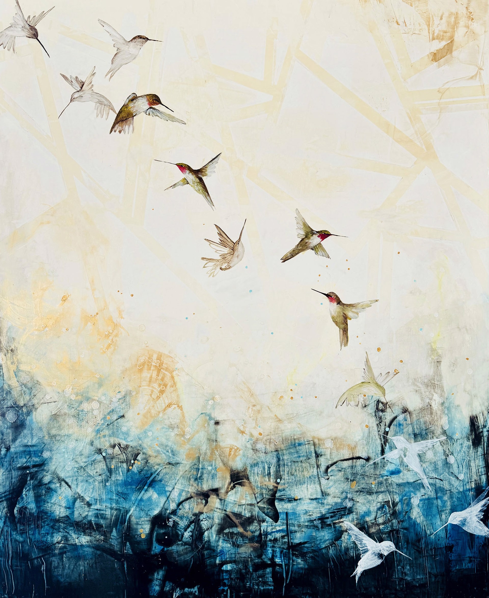 Original Oil Painting By Jenna Von Benedikt Featuring A Group Of Hummingbird Flying Diagonally Across An Abstracted Background In Blues