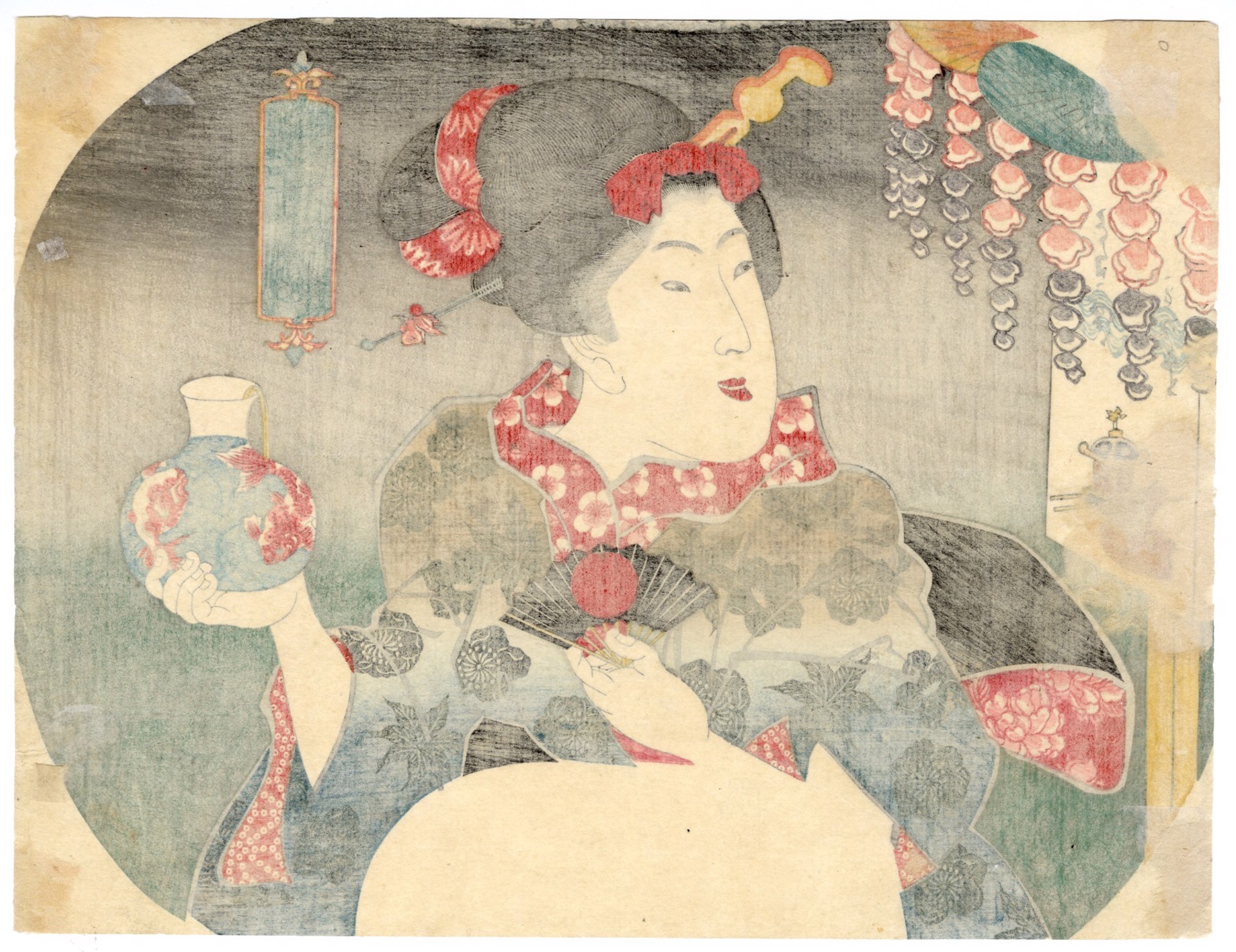 A Beauty Holding a Bowl of Goldfish Up For Comparison by Kunisada