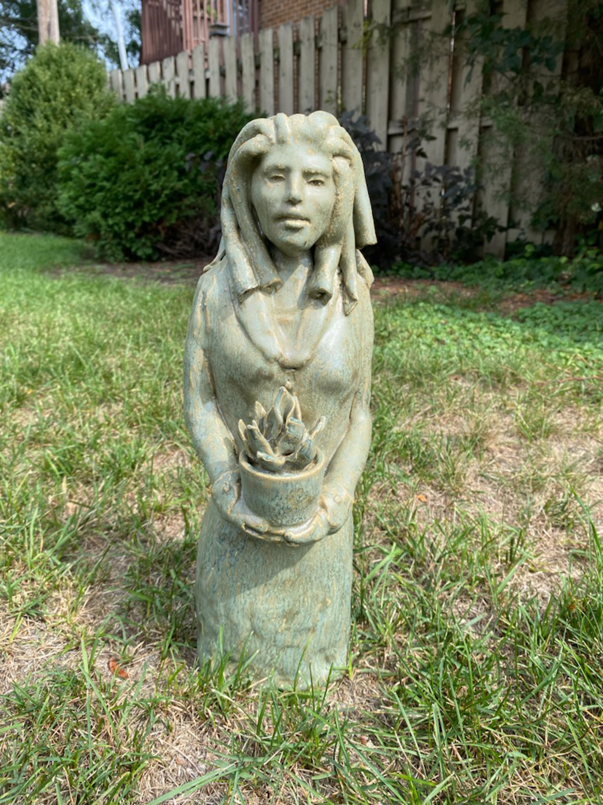 Agate Garden Sculpture Woman with Agave Plant by Michael Hagan