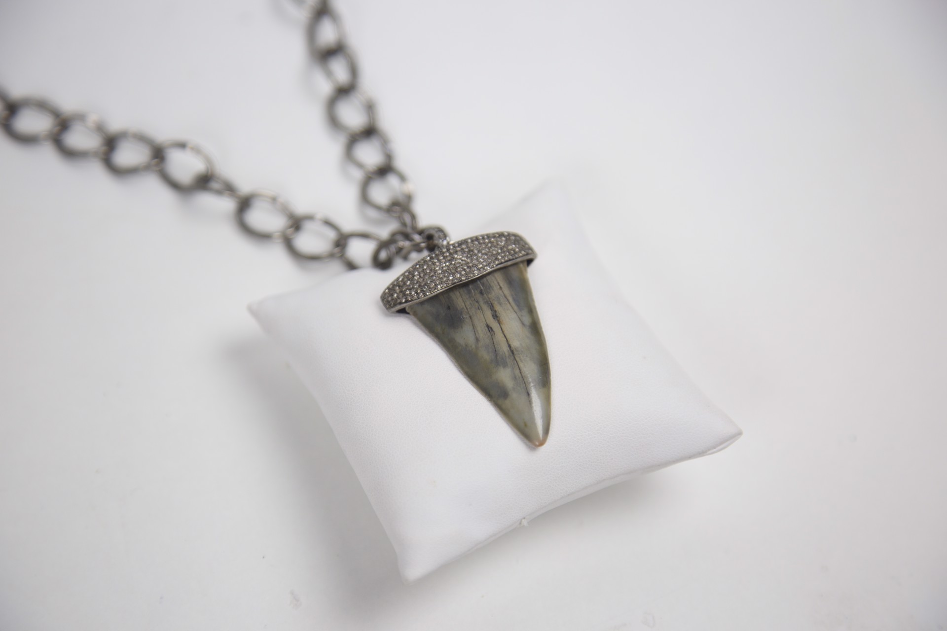 Sterling silver shark tooth with pavé diamonds, antiqued silver chain by Jeri Mitrani