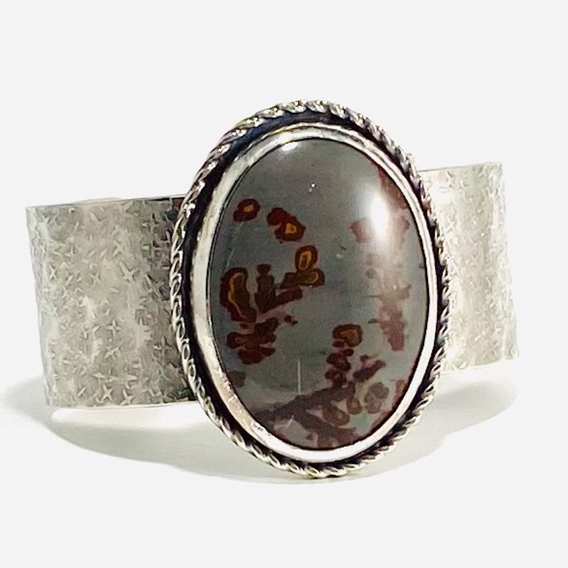 Large Oval Flower Jasper with Rope Bezel Silver Cuff Bracelet AB22-71 by Anne Bivens