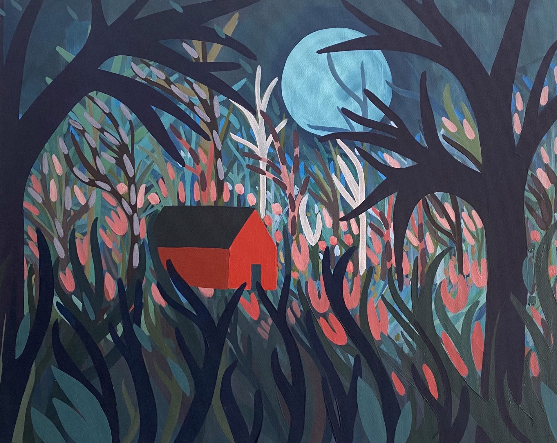 Red Barn in Forest with Full Moon by Sage Tucker-Ketcham
