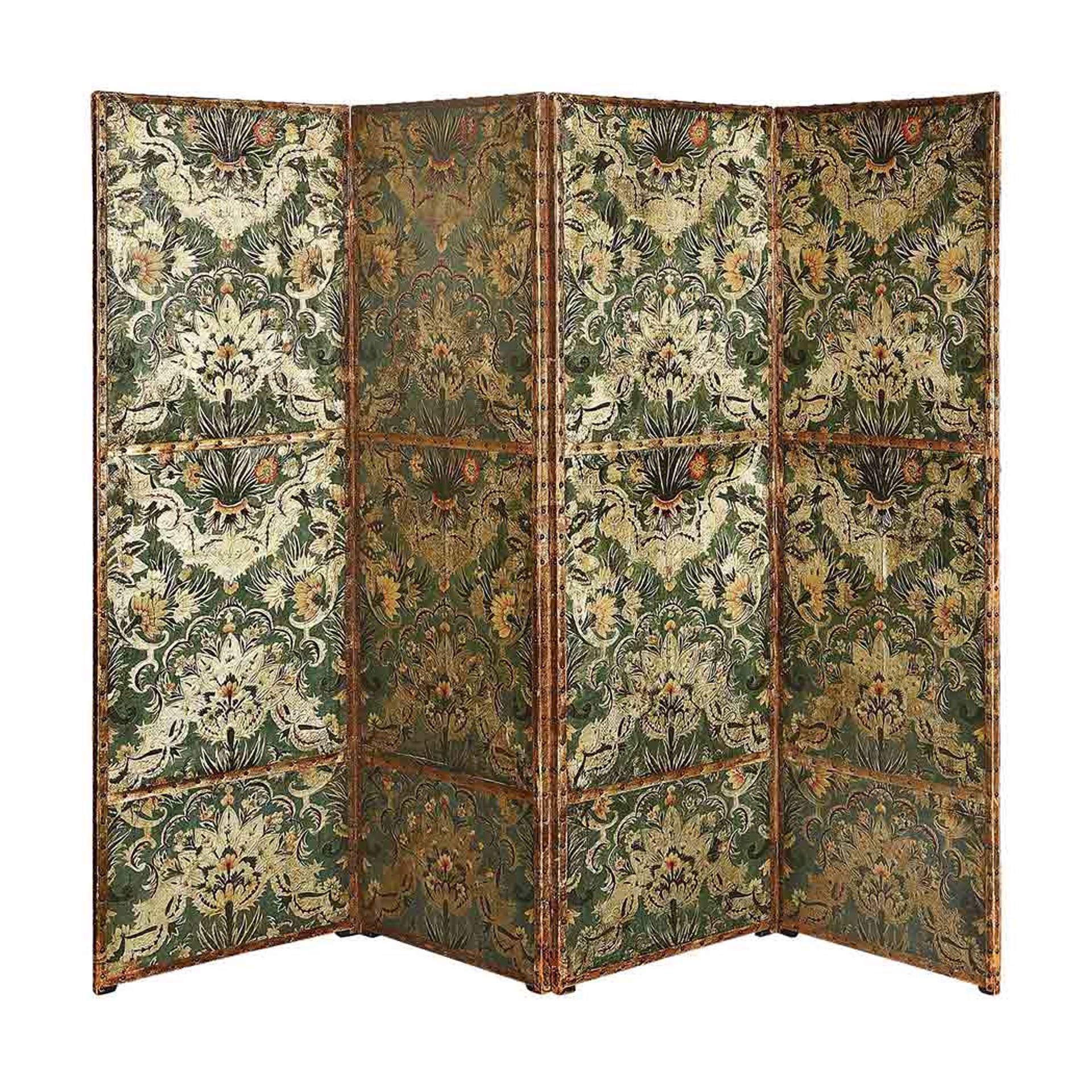 PAINTED LEATHER FOUR-PANEL SCREEN