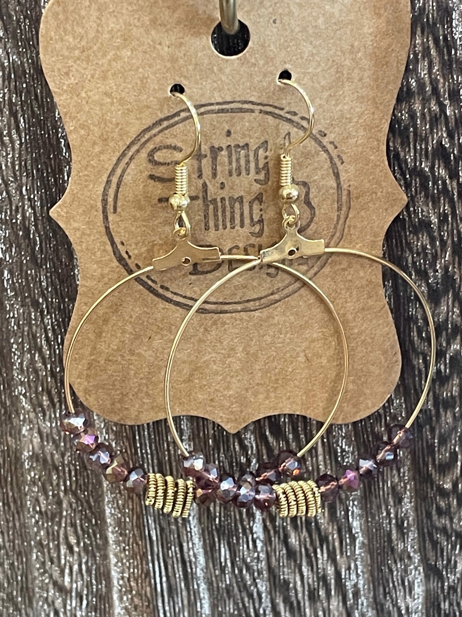 Guitar String and Brown Crystal Hoop Earrings by String Thing Designs