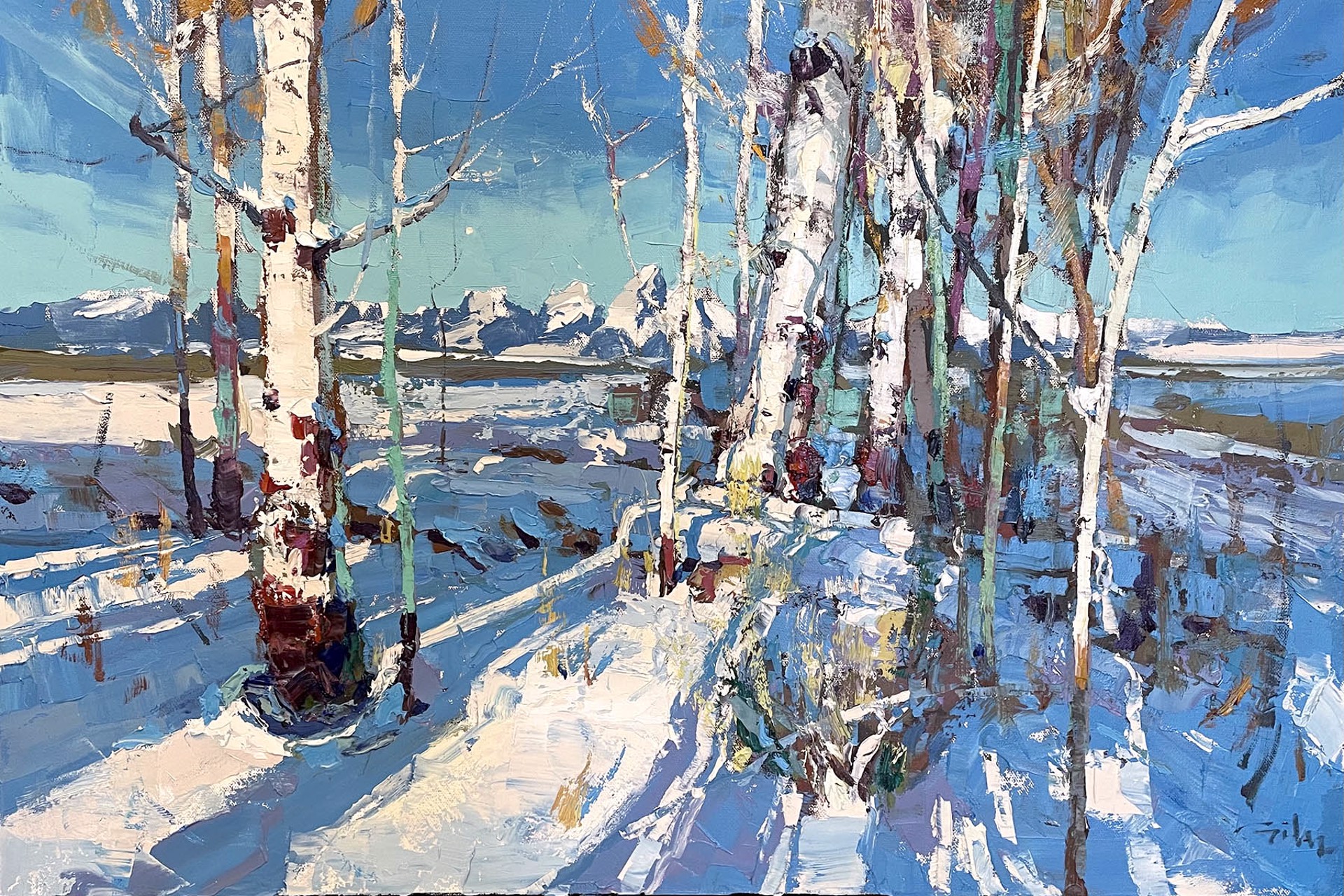 A Contemporary Palette Knife Painting Of A Grove Of Snowy Trees With The Tetons Visible Through Them By Silas Thompson At Gallery Wild