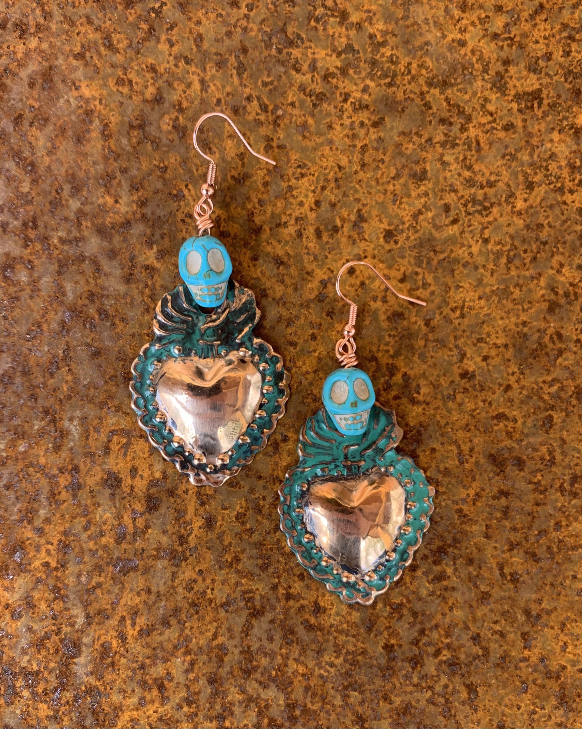 K532 Small Copper Sacred Heart Earrings with Sugar Skulls by Kelly Ormsby
