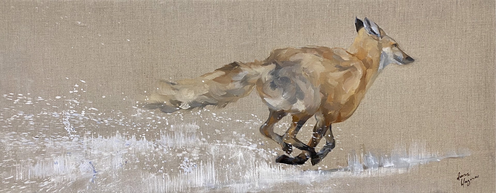 Oil Painting Of A Red Fox Running With A Linen Background And Water Splashing In A Contemporary Style, By Amber Blazina