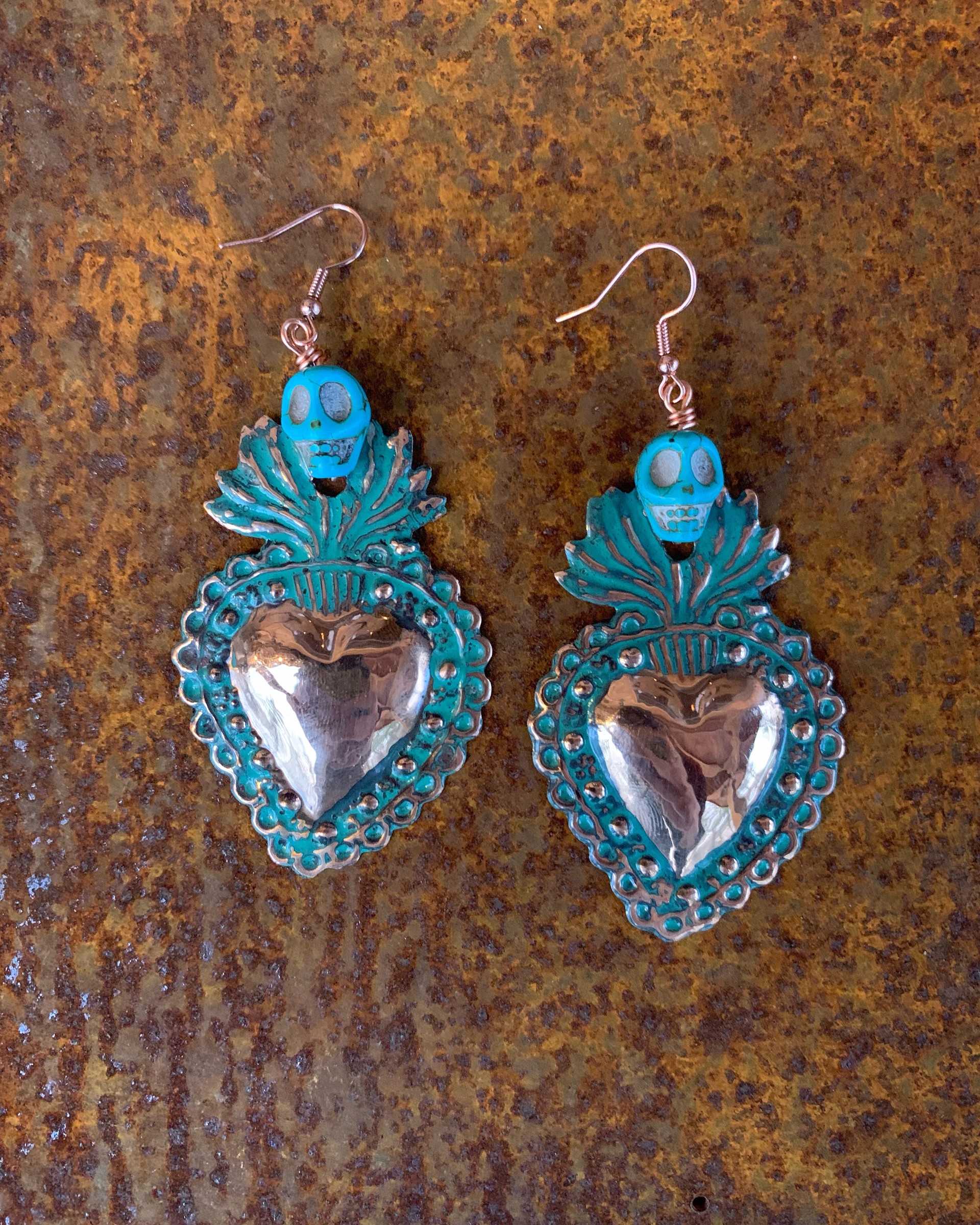 K531 Copper Sacred Heart Earrings with Turquoise and Amethyst by Kelly Ormsby