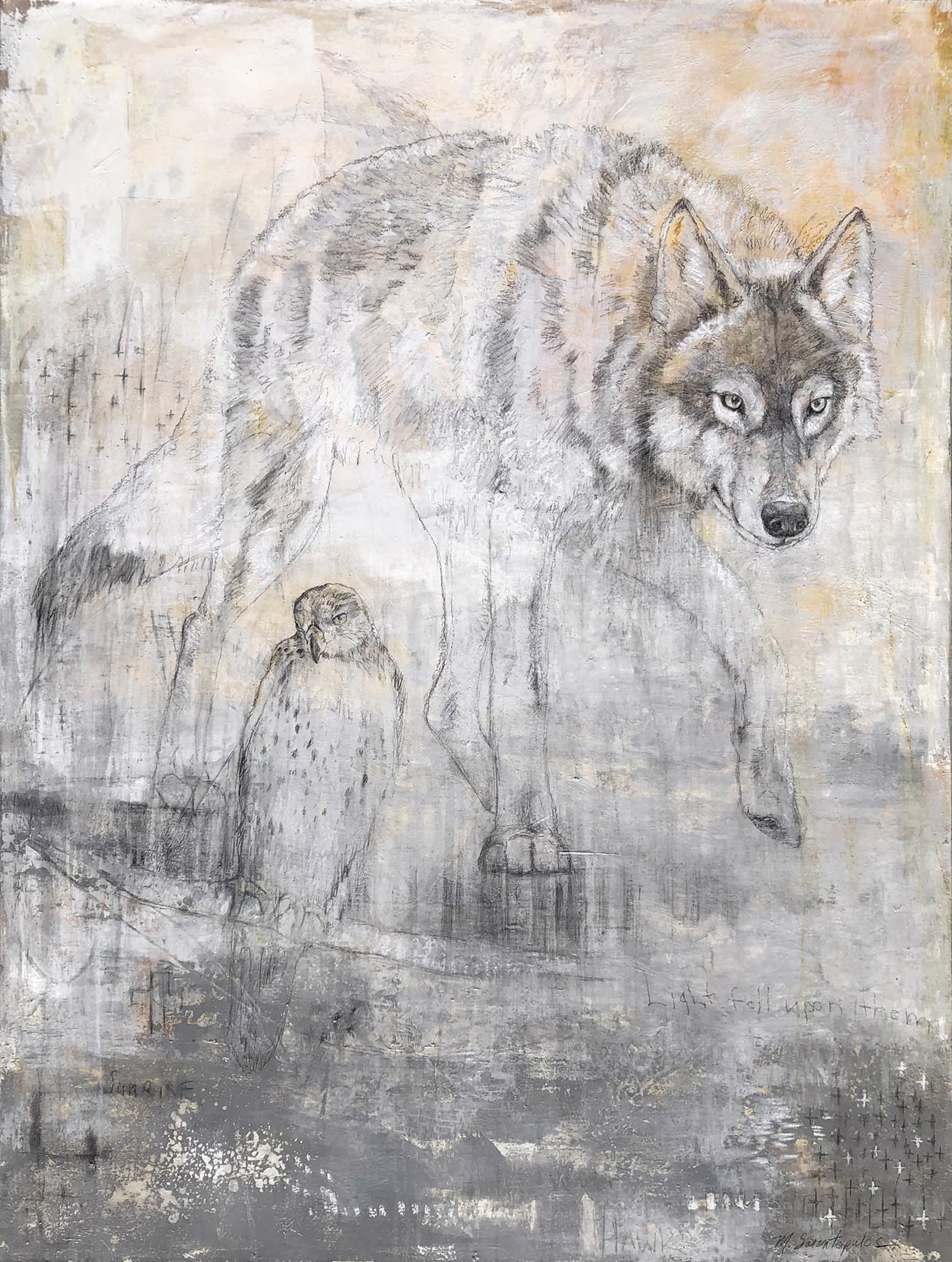 Original Mixed Media Painting Featuring A Wolf And Hawk Sketched Over Abstract Gray Background