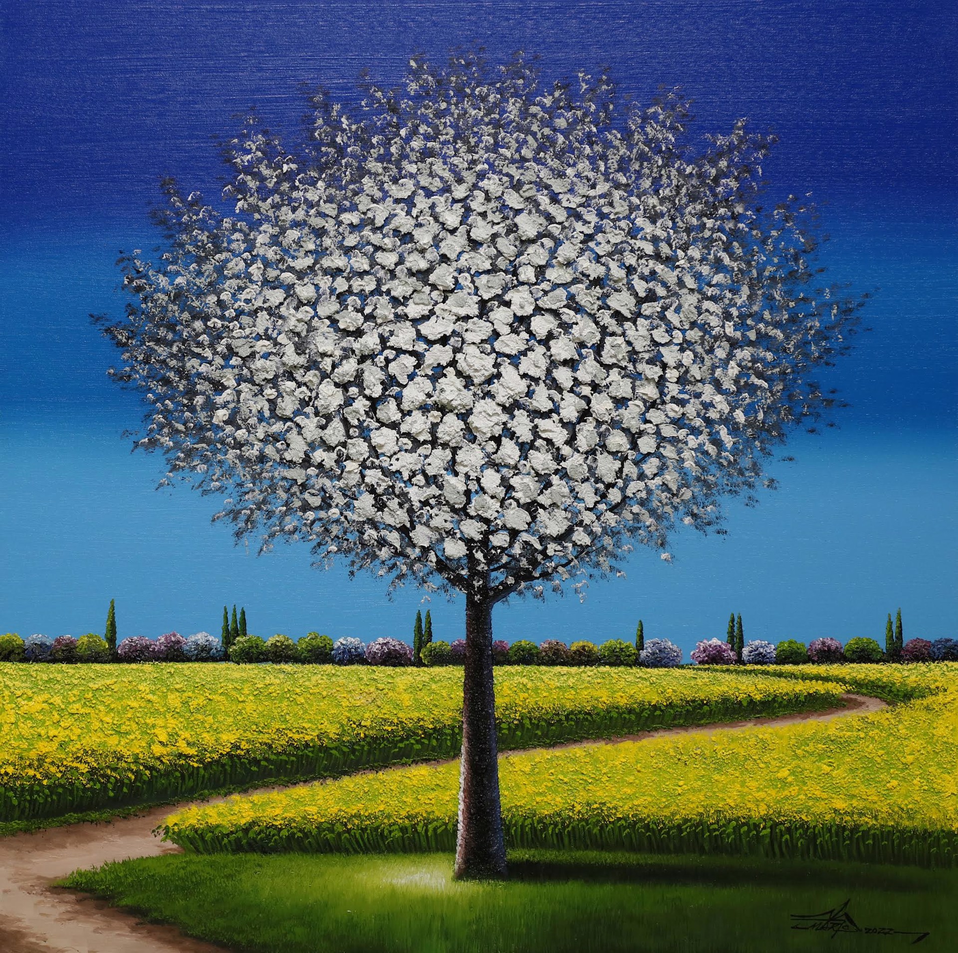 Lead To You by painter artist Mario Jung features a thickly textured white leaved tree in front of a serene country side