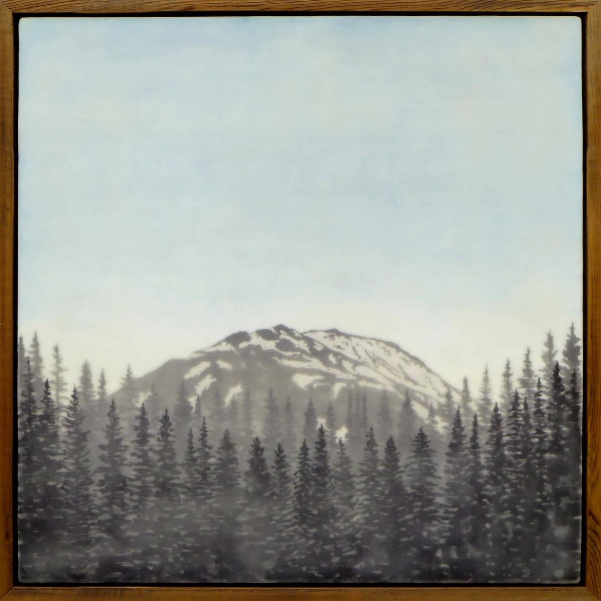 Original Encaustic Landscape Painting Featuring A Snow Covered Peak Behind Trees