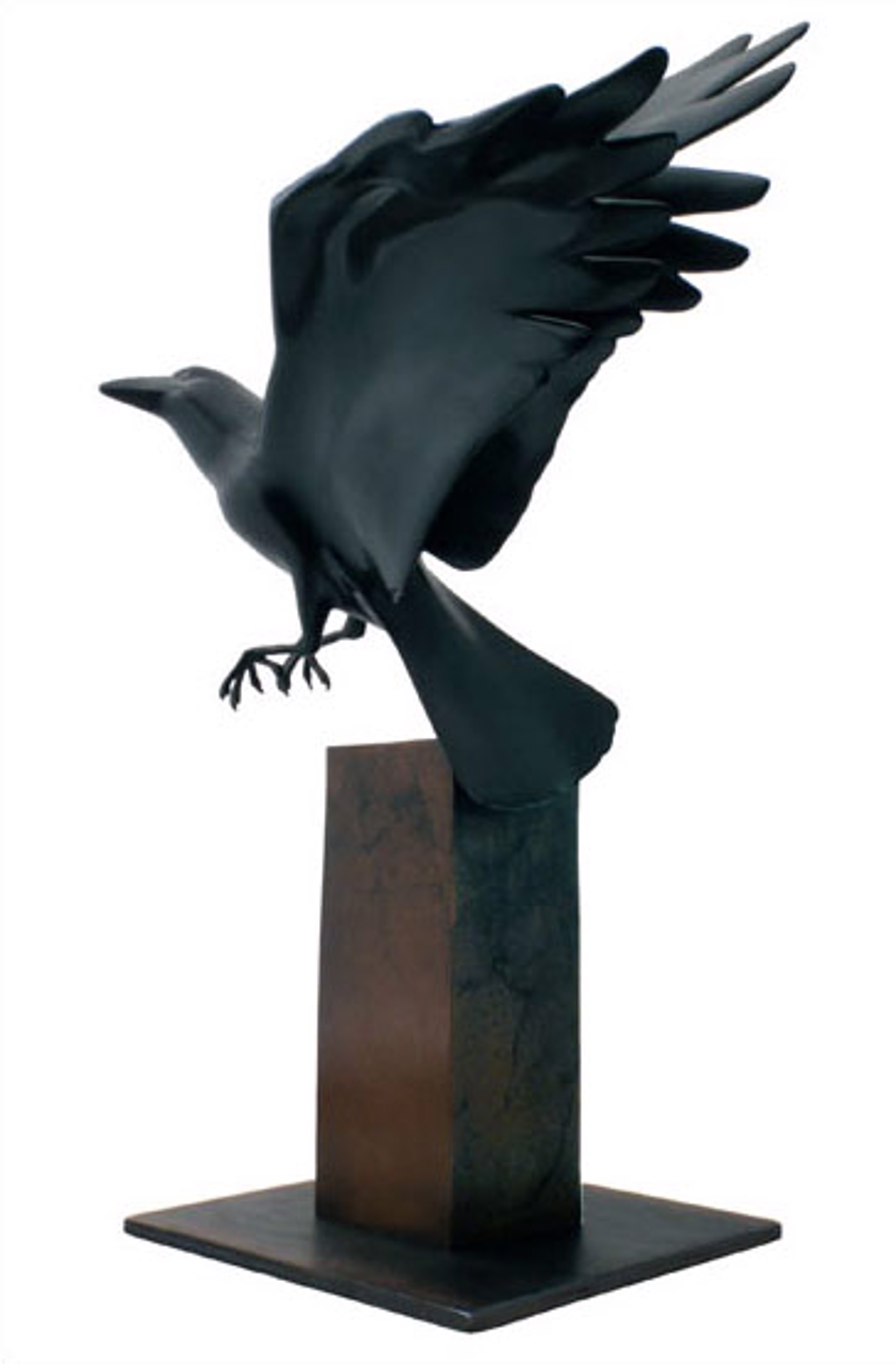 Bronze Sculpture Of A Raven In Flight On Pedestal