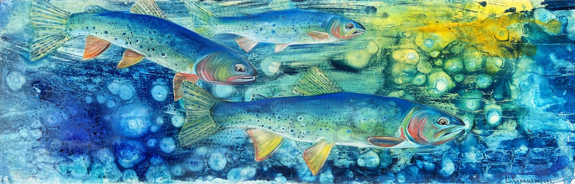 Original Mixed Media Painting Of Swimming Trout With Abstract Cyanotype Background