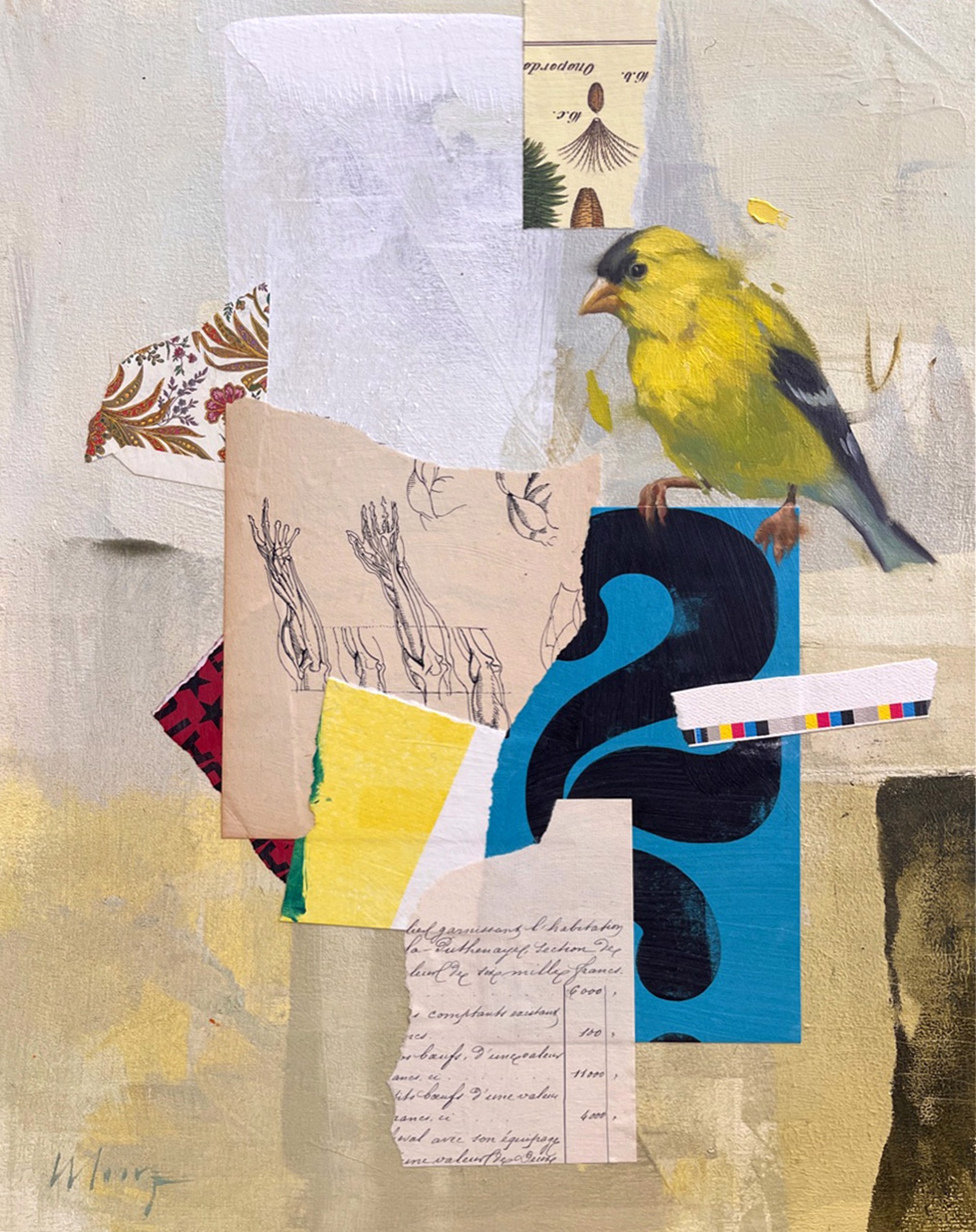 Original Oil Painting By Larry Moore Of A Goldfinch With A Colorful Mixed Media Collage Background