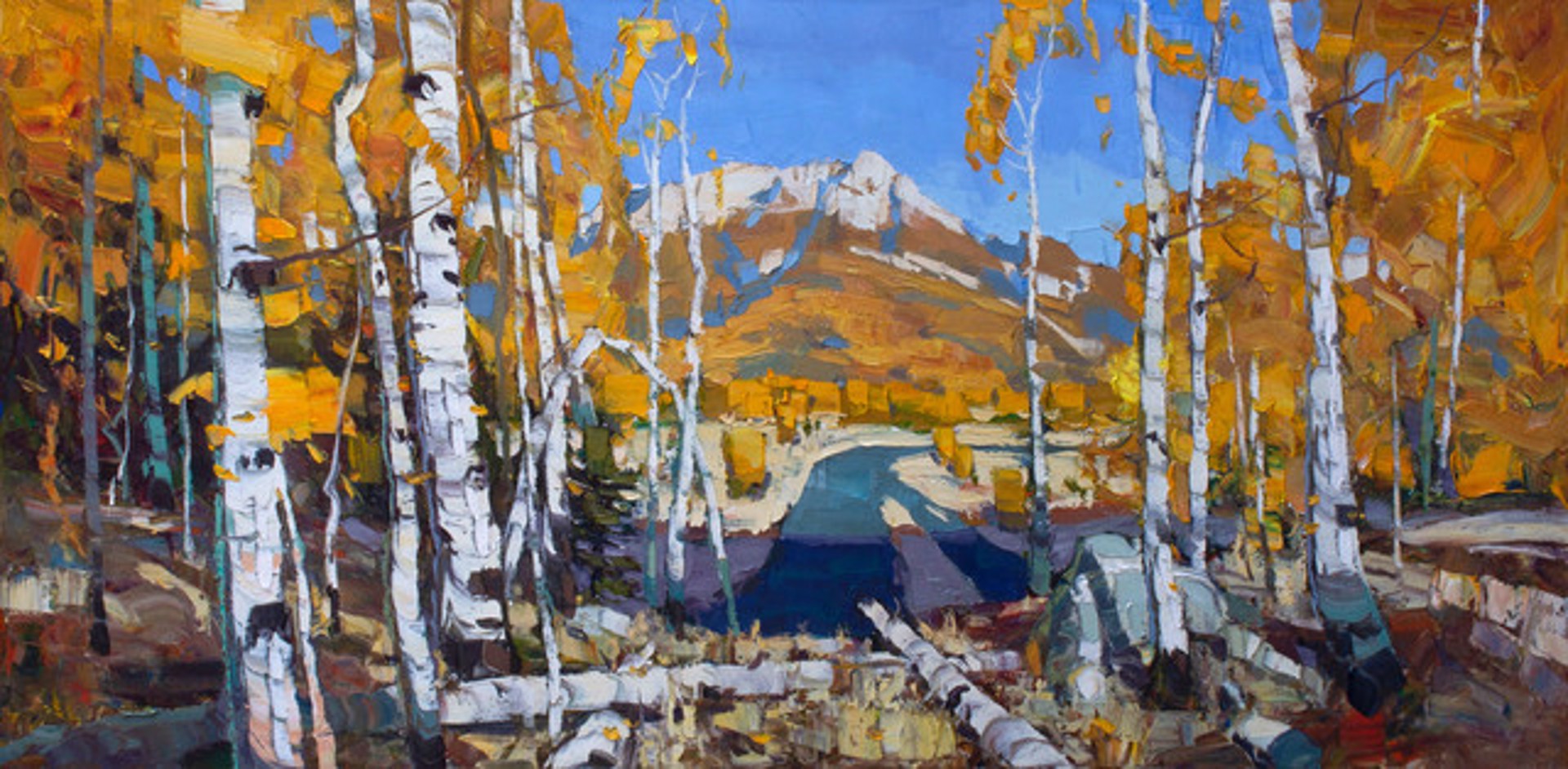 A Contemporary Palette Knife Painting Of Fall Aspens Framing A Mountain In The Distance By Silas Thompson At Gallery Wild