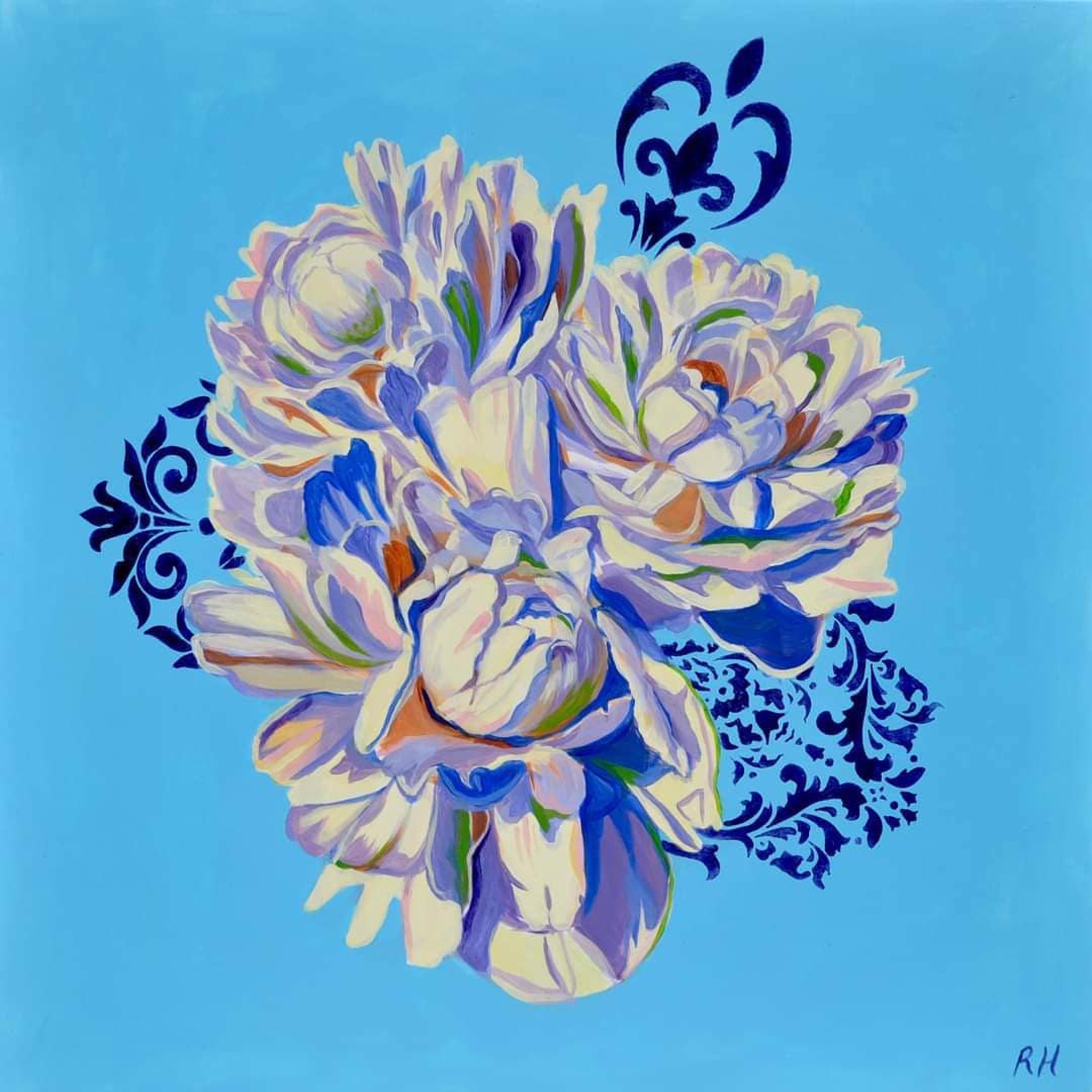 White Peonies on Blue by Robin Hextrum