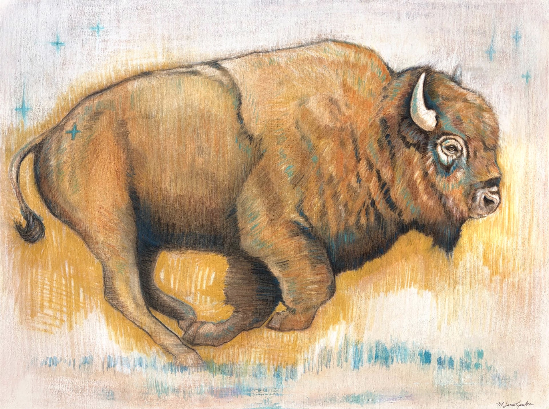 Original Mixed Media Painting Featuring A Running Bison Over Abstract Background