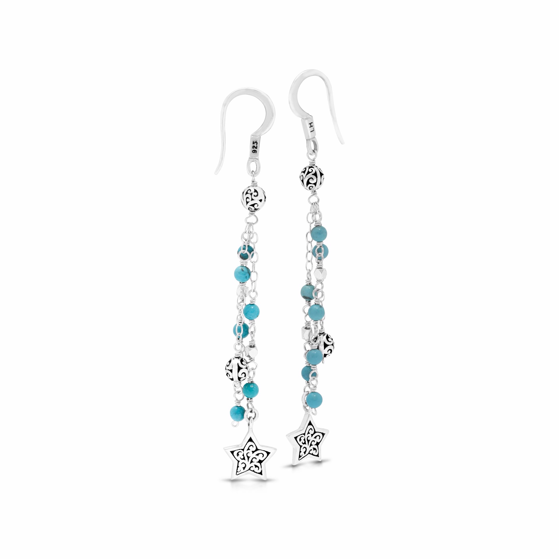 9660 Turquoise Drop Earrings with Signature Scroll Carving in Sterling Silver Beads and Stars by Lois Hill