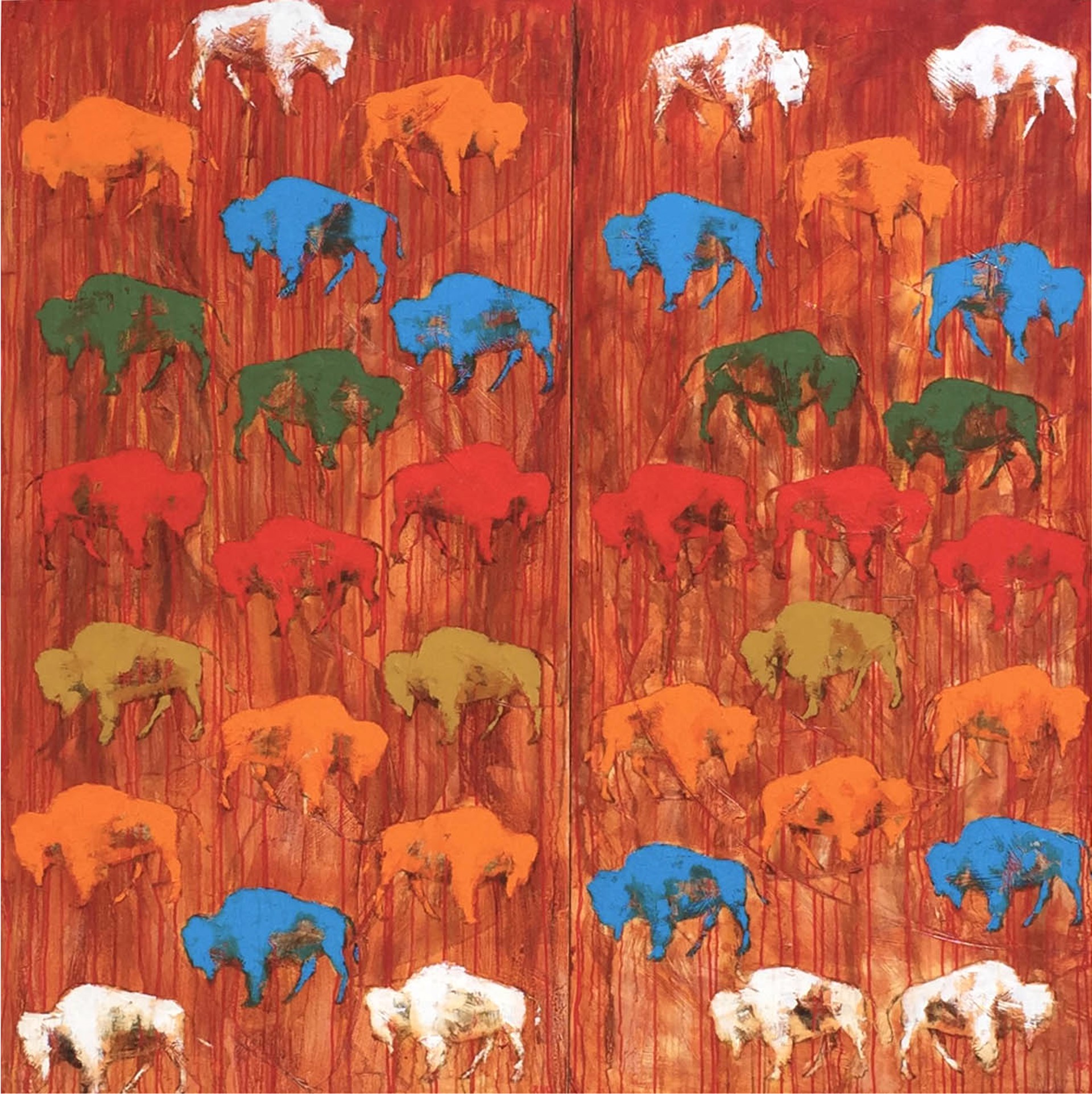 Original Oil Painting Featuring Colorful Bison Silhouettes Over Abstract Red Orange Background