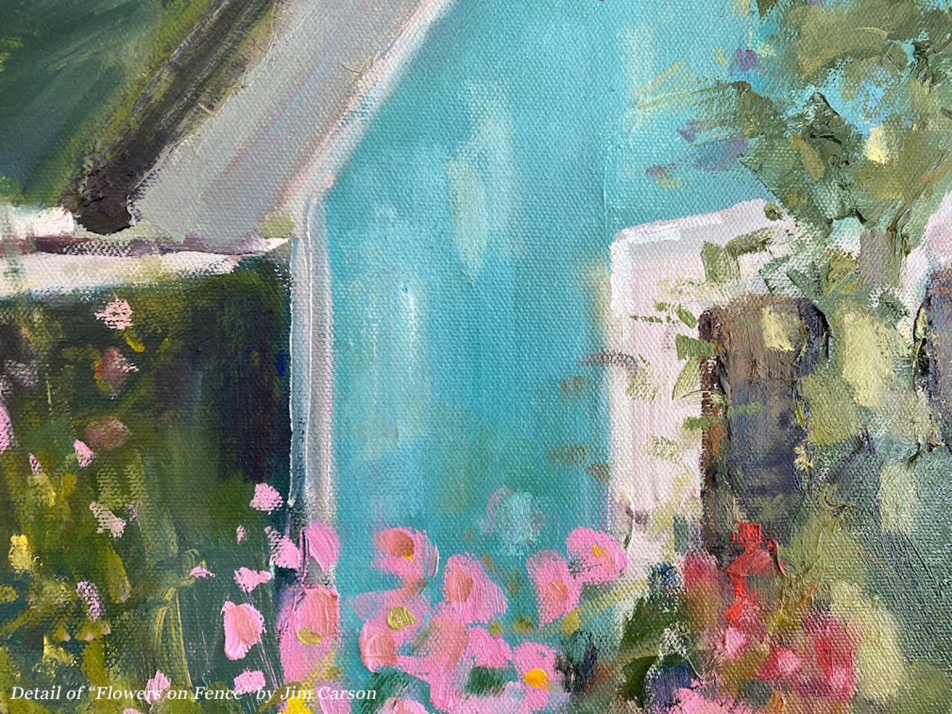 "Flowers on Fence" original oil painting by Jim Carson