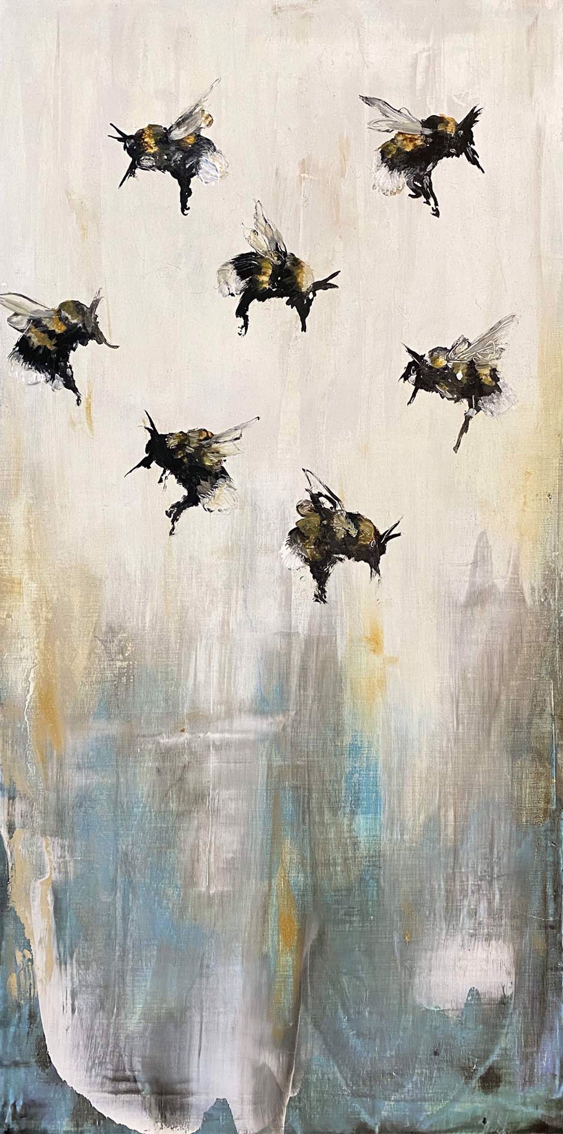 Original Oil Painting Of Seven Bees On An Abstract Gray Yellow White And Blue Background, By Jenna Von Benedikt