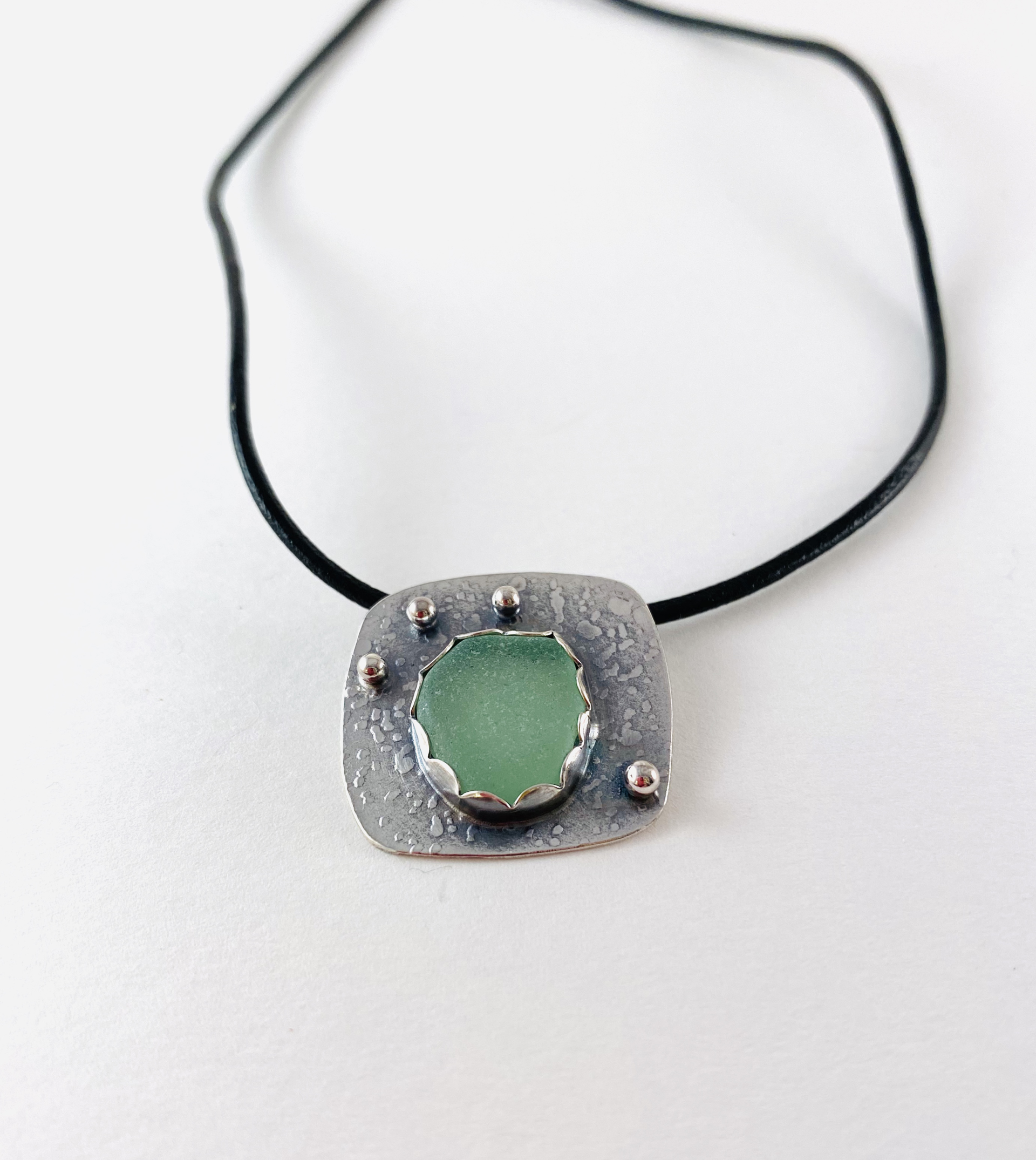 Sterling and Sea Glass Pendant on Leather  by Anne Bivens