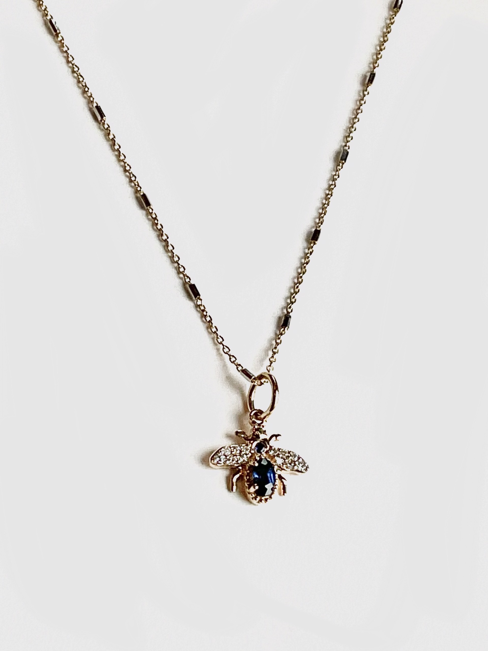 KB-N113 14K Gold/Bar Chain with Diamond Blue Sapphire Bee by Karen Birchmier