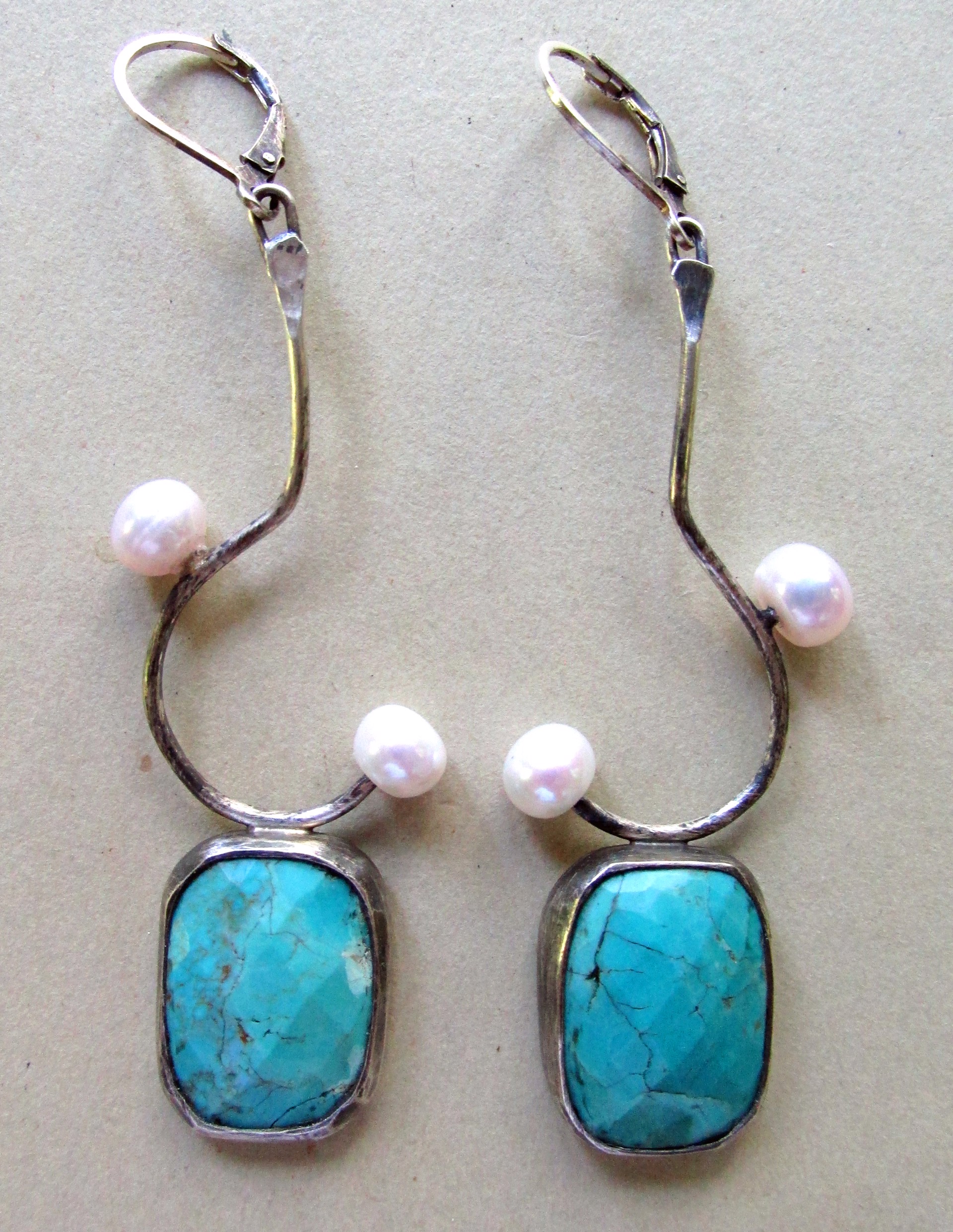 Faceted Turquoise, Pearls, and Sterling Silver Earrings by Anne Rob